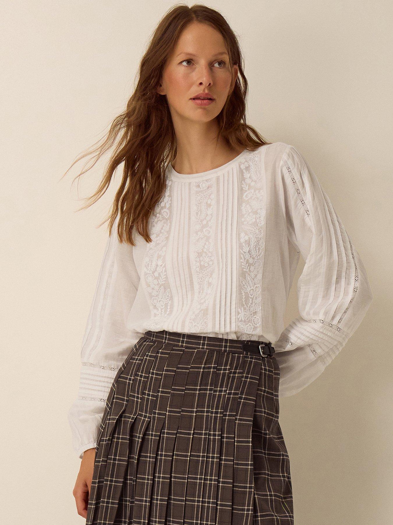 Image 1 of 6 of Monsoon Womens Embroidered Pintuck Blouse - White