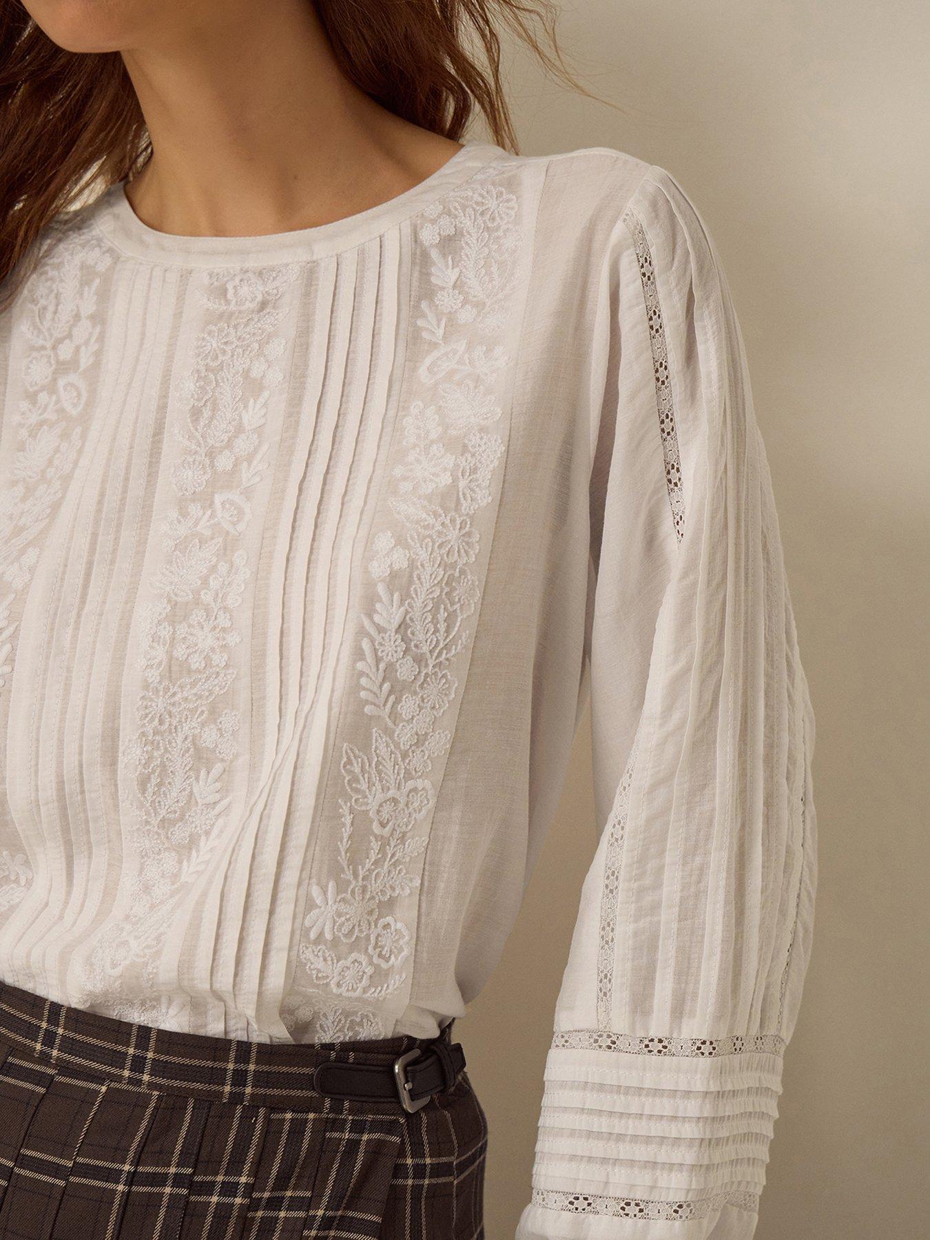 Image 5 of 6 of Monsoon Womens Embroidered Pintuck Blouse - White