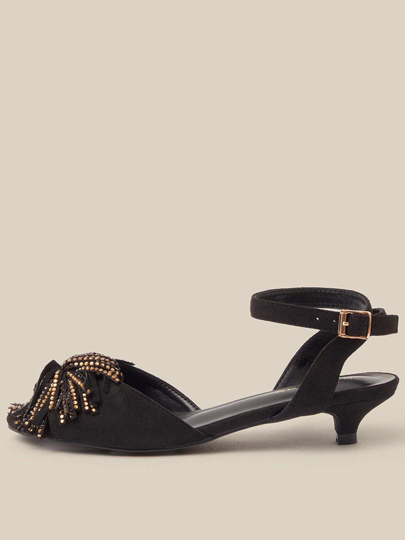 Image 1 of 3 of Monsoon Womens Dakota Embellished Pom Ankle Strap Kitten Heels - Black