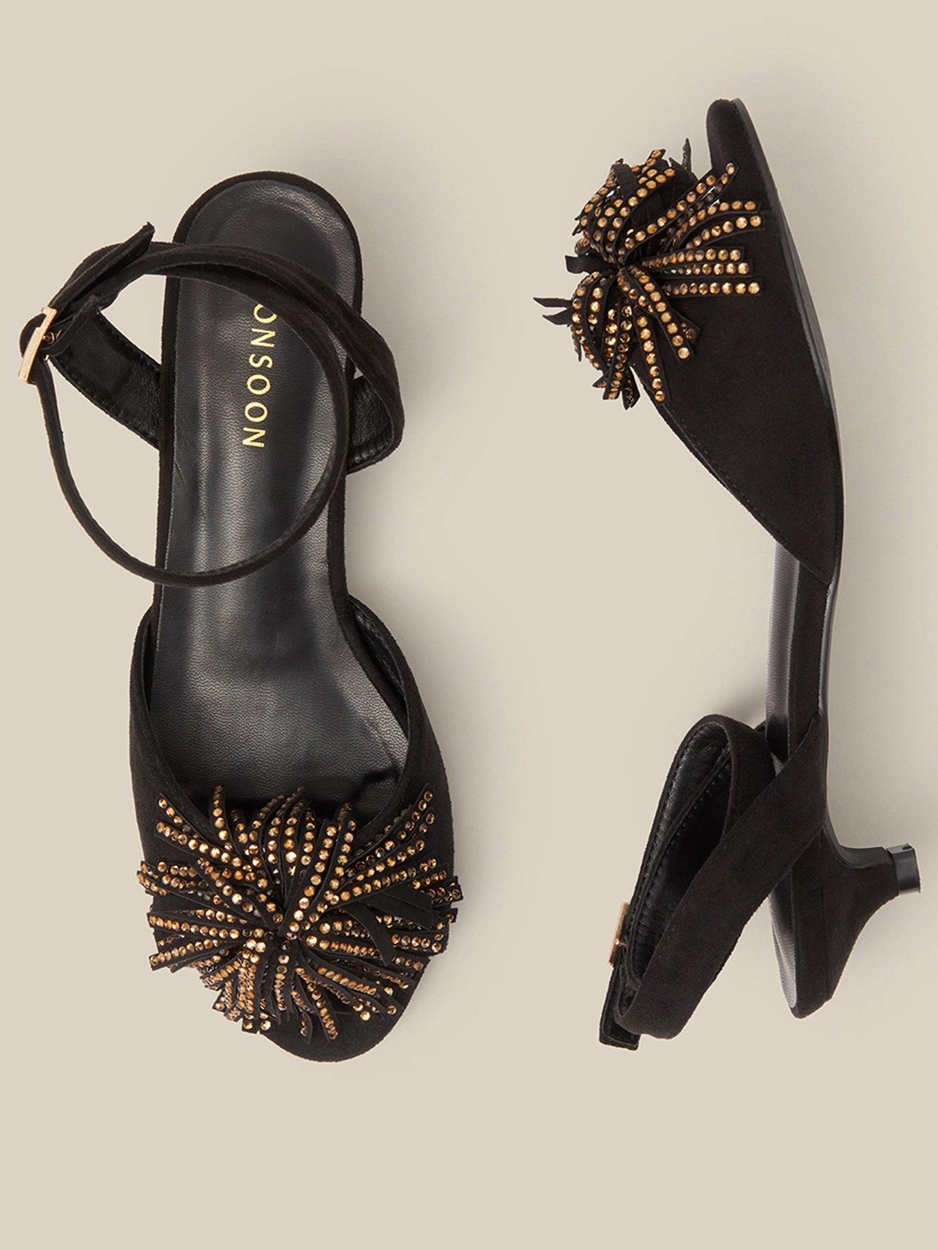 Image 2 of 3 of Monsoon Womens Dakota Embellished Pom Ankle Strap Kitten Heels - Black
