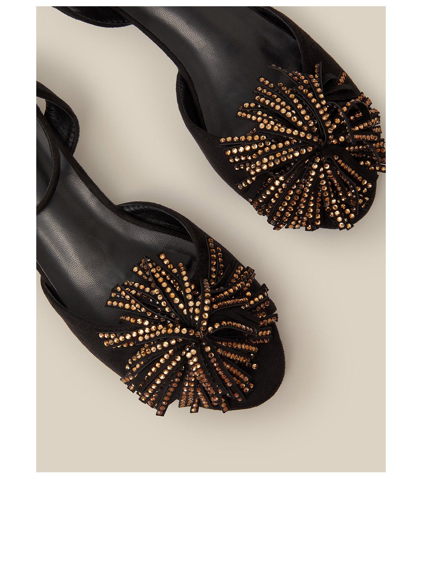 Image 3 of 3 of Monsoon Womens Dakota Embellished Pom Ankle Strap Kitten Heels - Black
