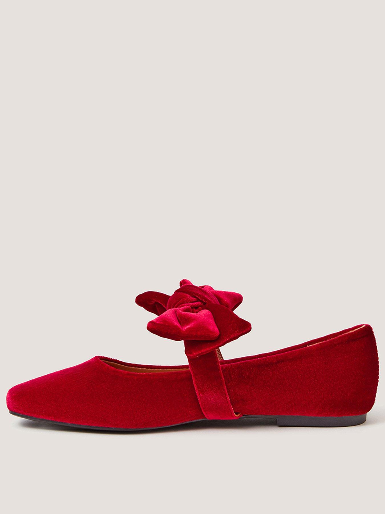 Image 1 of 3 of Monsoon Womens Velvet Bow Mary Jane Strap Square Toe Ballet Pumps - Red