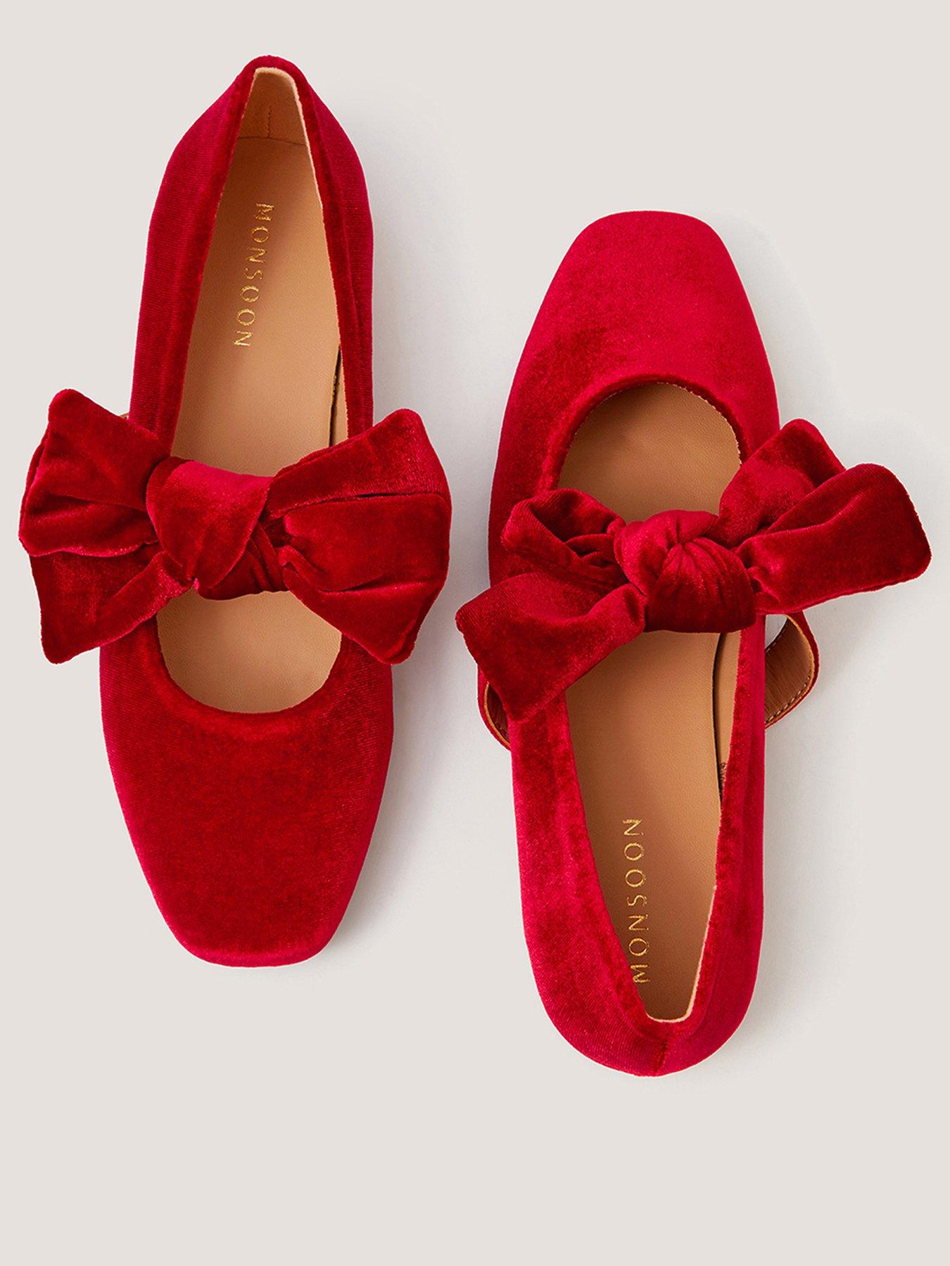 Image 2 of 3 of Monsoon Womens Velvet Bow Mary Jane Strap Square Toe Ballet Pumps - Red