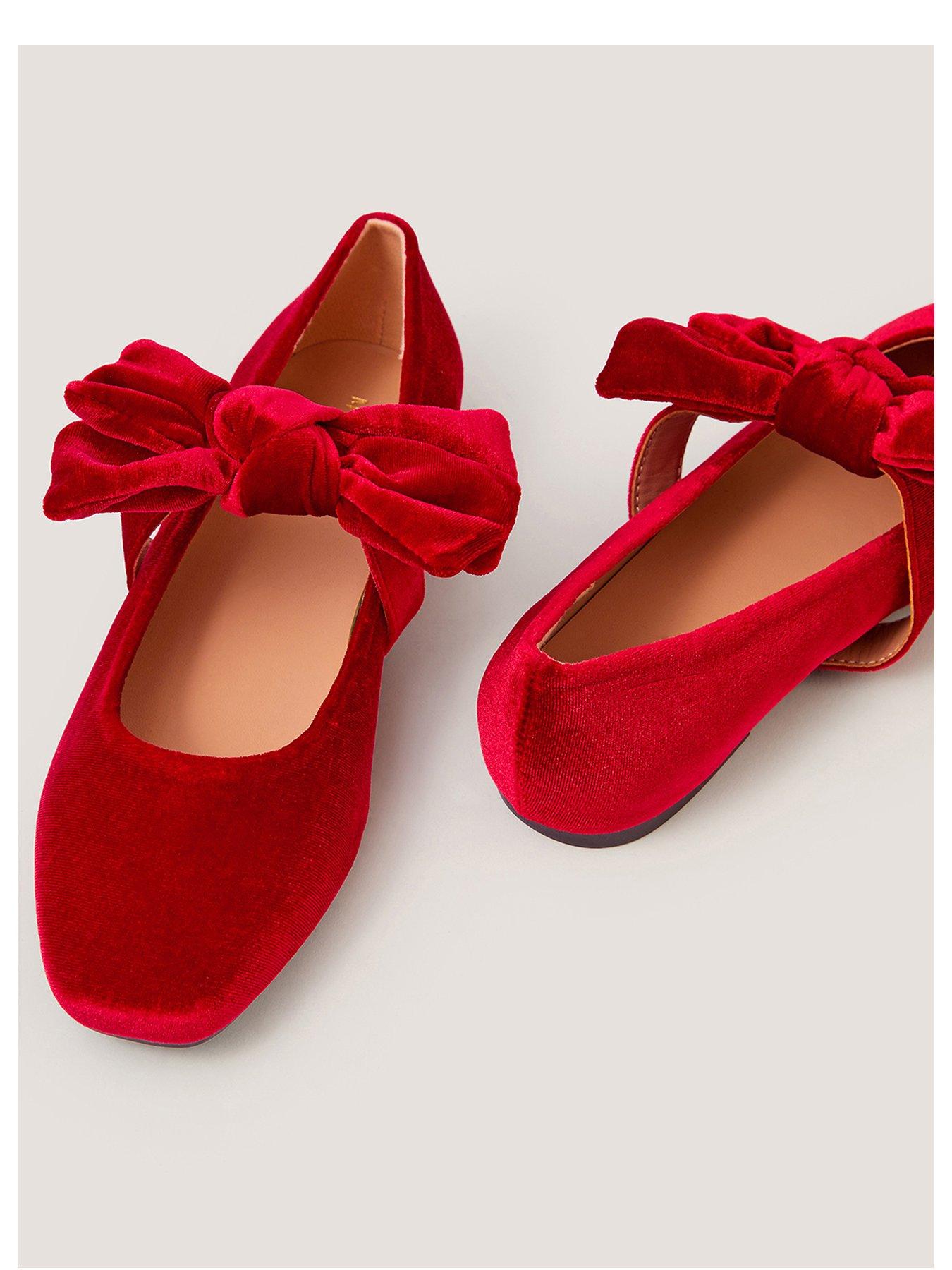 Image 3 of 3 of Monsoon Womens Velvet Bow Mary Jane Strap Square Toe Ballet Pumps - Red