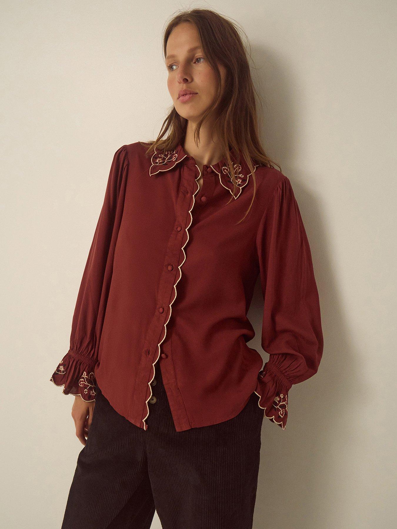 Image 1 of 4 of Monsoon Womens Holly Embroidered Scalloped Trim Shirt - Red