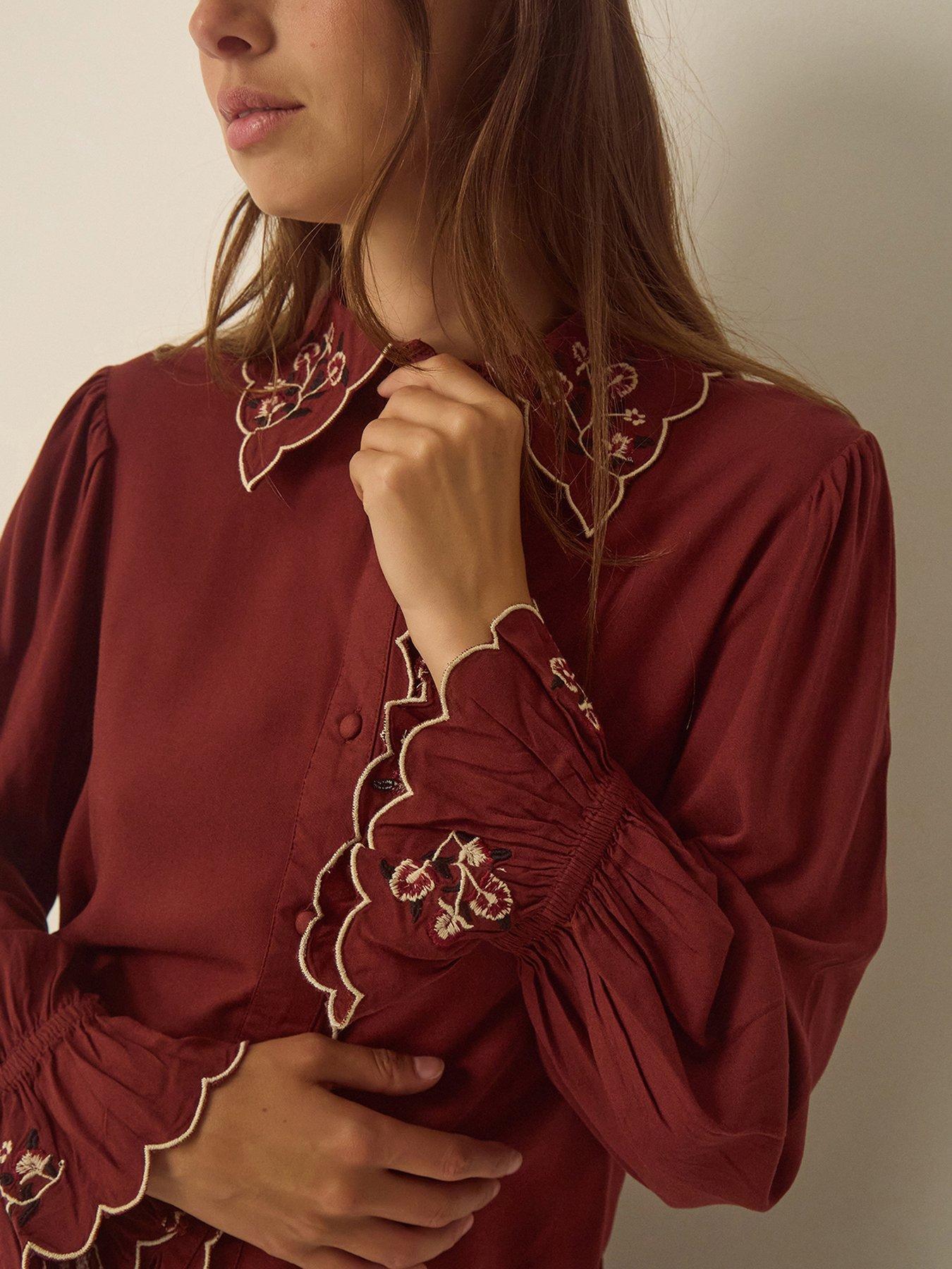 Image 2 of 4 of Monsoon Womens Holly Embroidered Scalloped Trim Shirt - Red