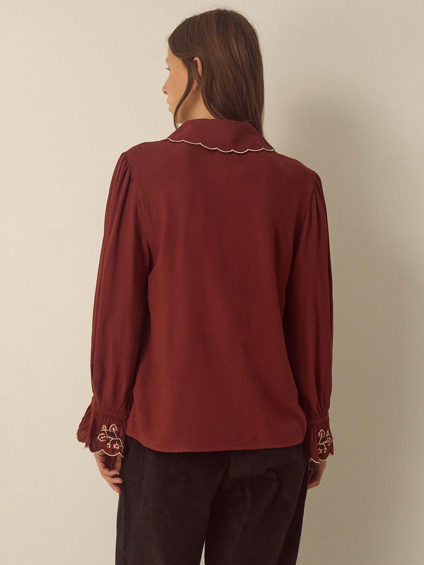 Image 3 of 4 of Monsoon Womens Holly Embroidered Scalloped Trim Shirt - Red