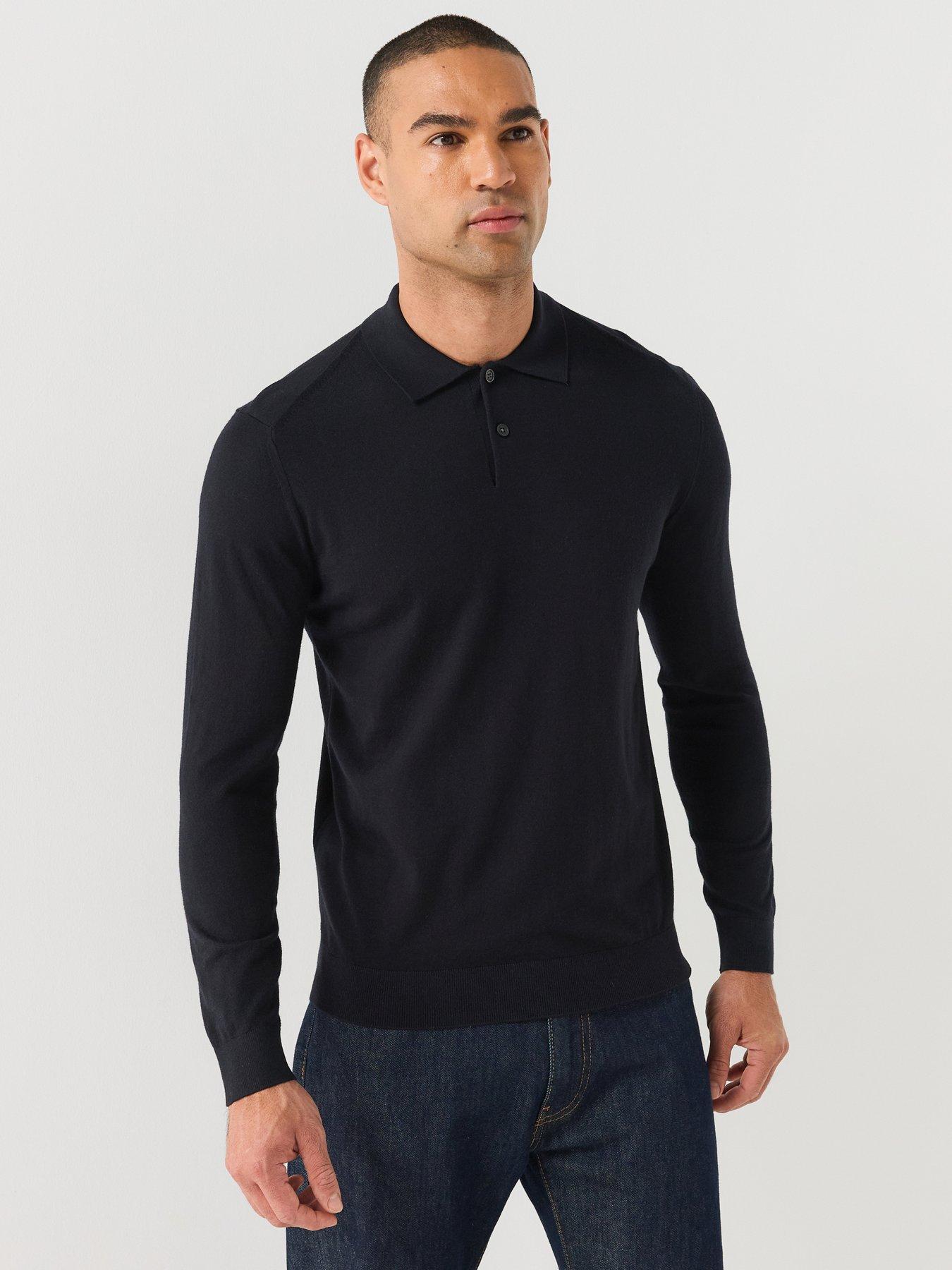 Armani Exchange Armani Exchange Knitted Long Sleeve Polo Shirt, Navy, Size L, Men