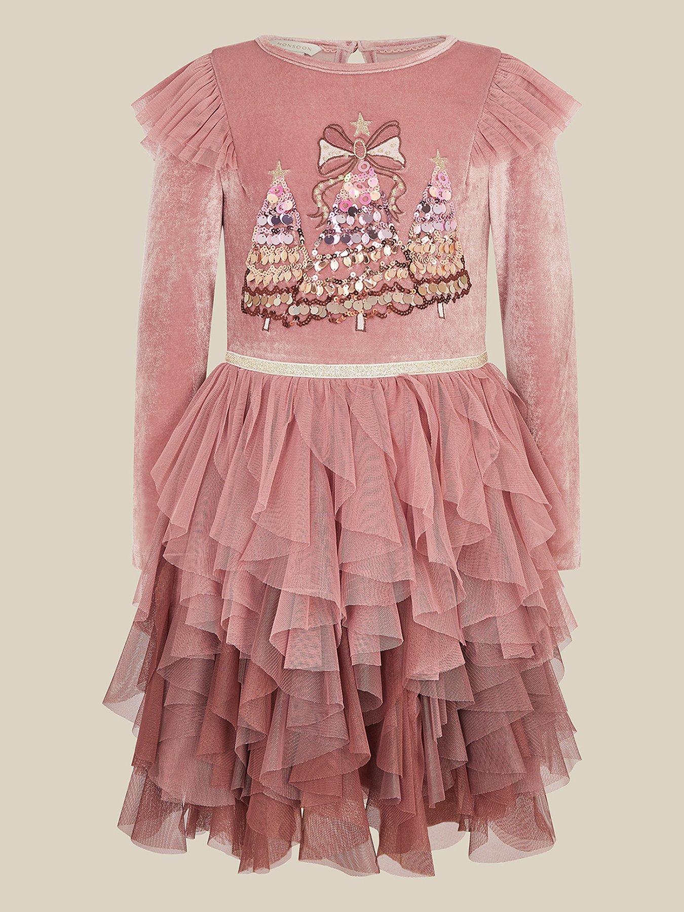 Image 1 of 3 of Monsoon Girls Sequin Embroidered Tiered Mesh Disco Dress - Pink
