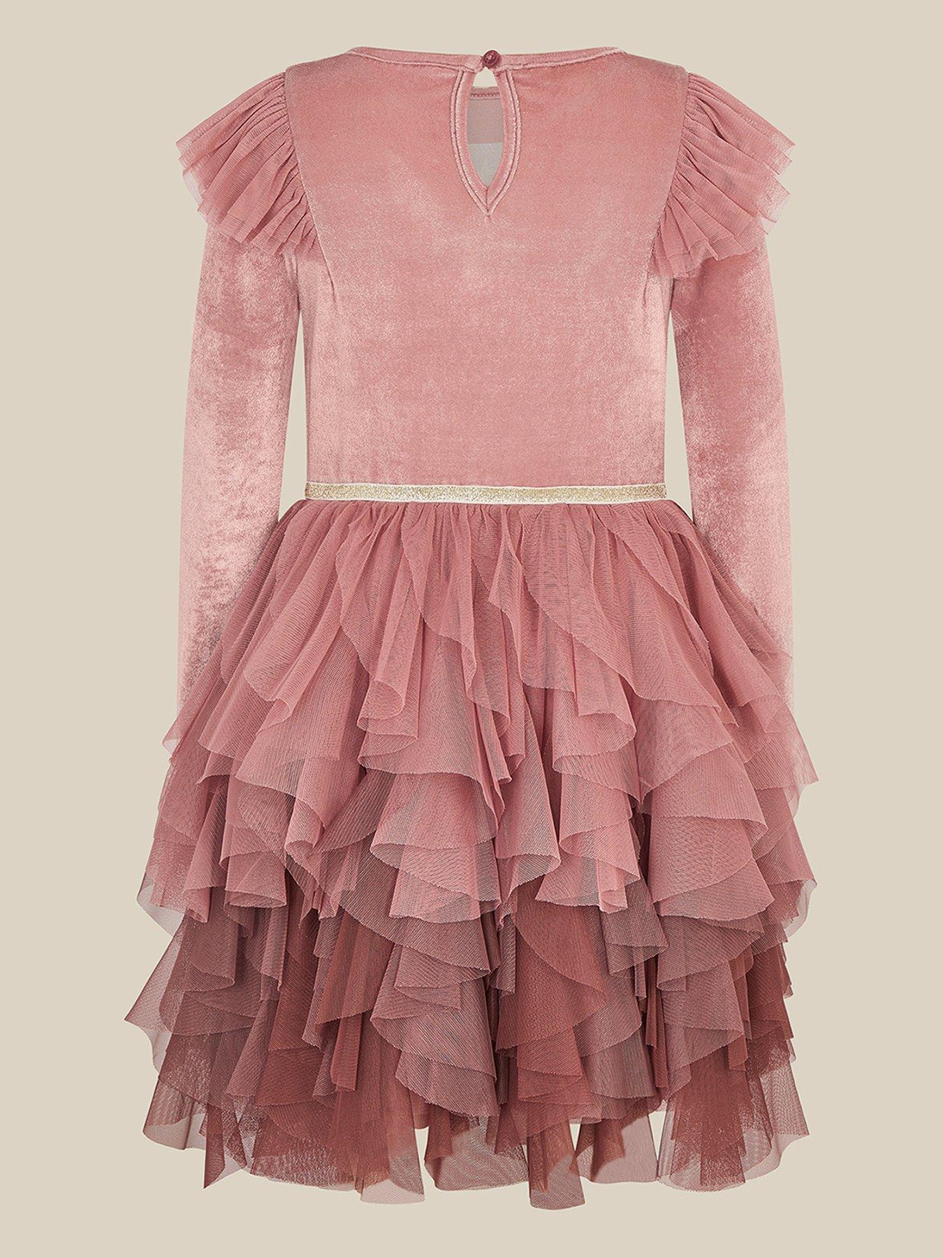 Image 2 of 3 of Monsoon Girls Sequin Embroidered Tiered Mesh Disco Dress - Pink