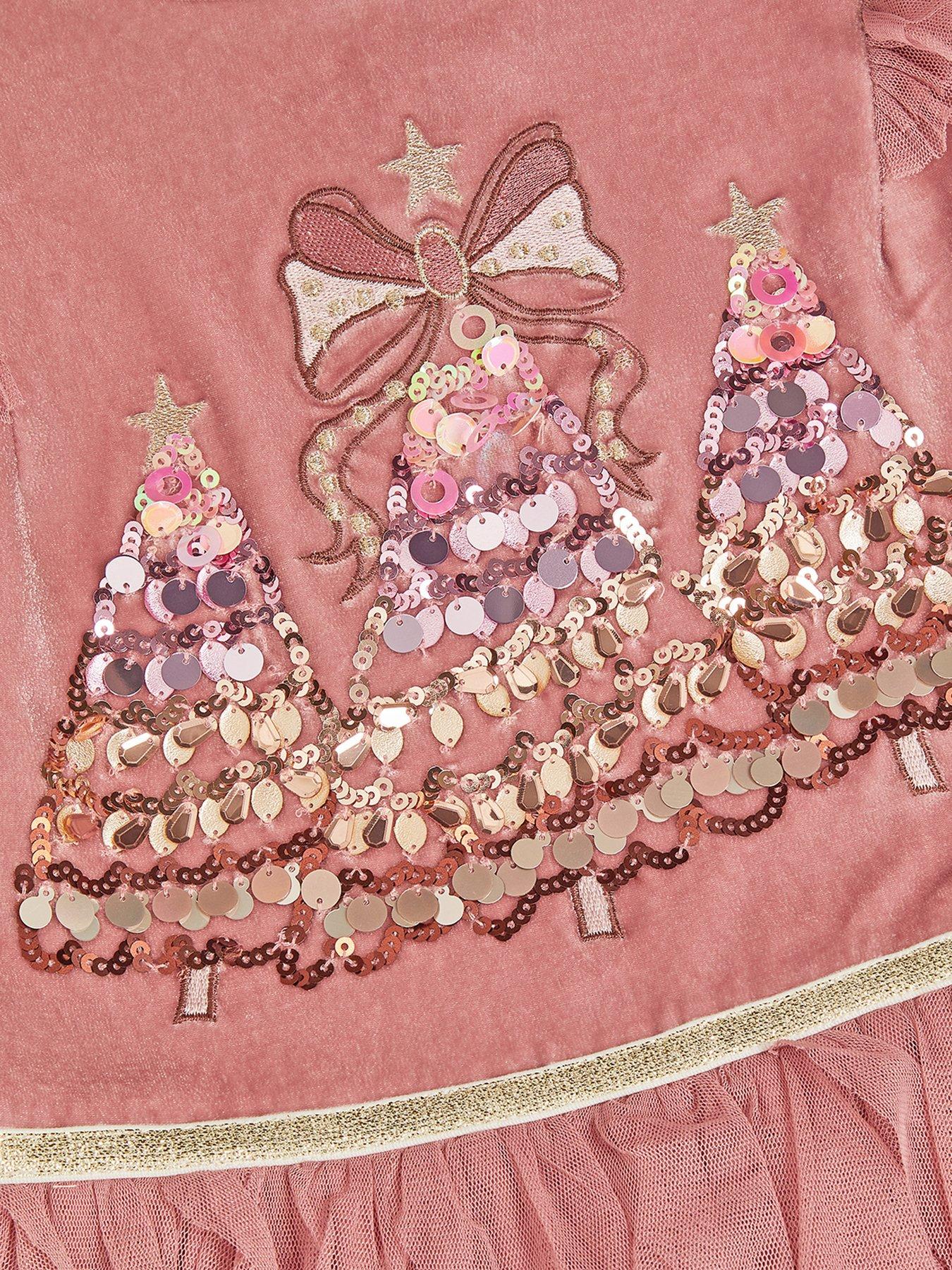 Image 3 of 3 of Monsoon Girls Sequin Embroidered Tiered Mesh Disco Dress - Pink