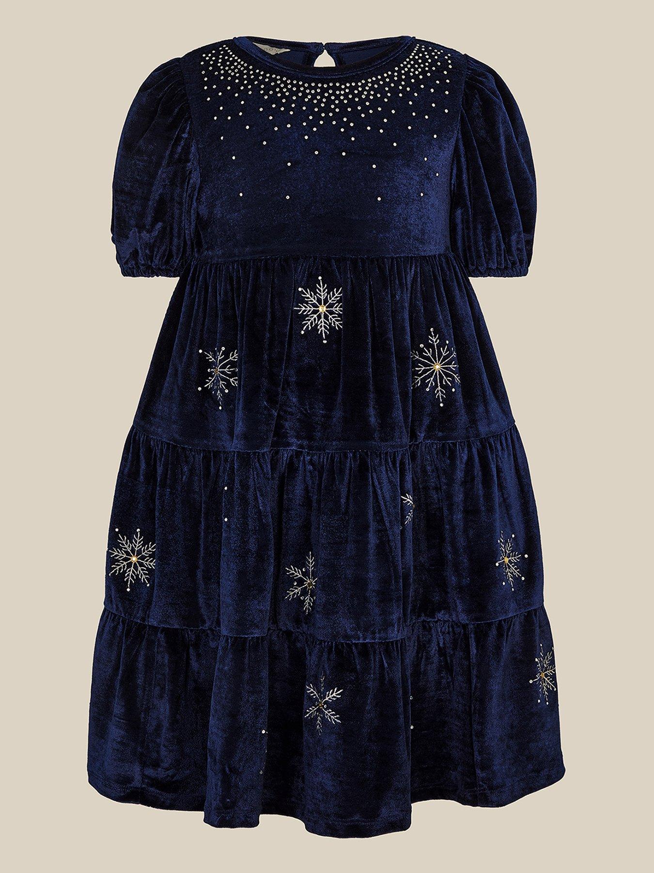 Image 1 of 3 of Monsoon Girls Macie Snowflake Embroidered Velour Tiered Dress - Navy