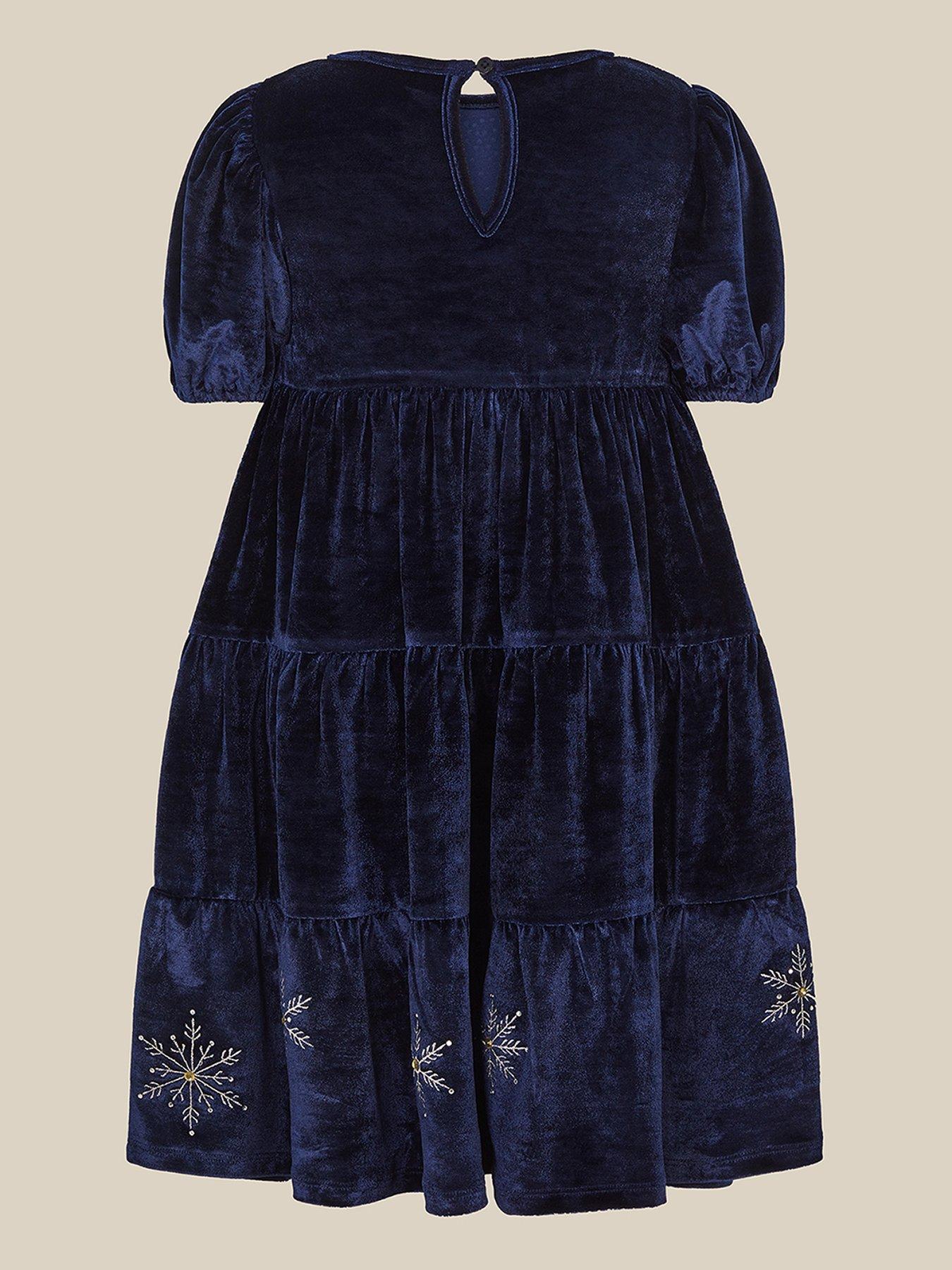 Image 2 of 3 of Monsoon Girls Macie Snowflake Embroidered Velour Tiered Dress - Navy