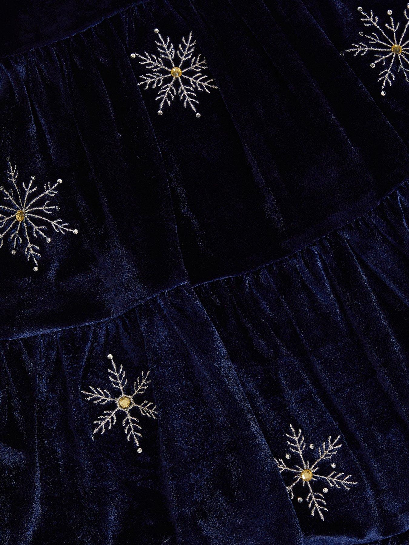 Image 3 of 3 of Monsoon Girls Macie Snowflake Embroidered Velour Tiered Dress - Navy