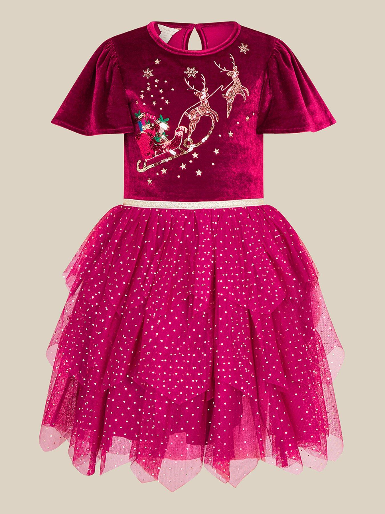 Image 1 of 3 of Monsoon Girls Reindeer Embellished Tulle Skirt Disco Dress - Dark Red