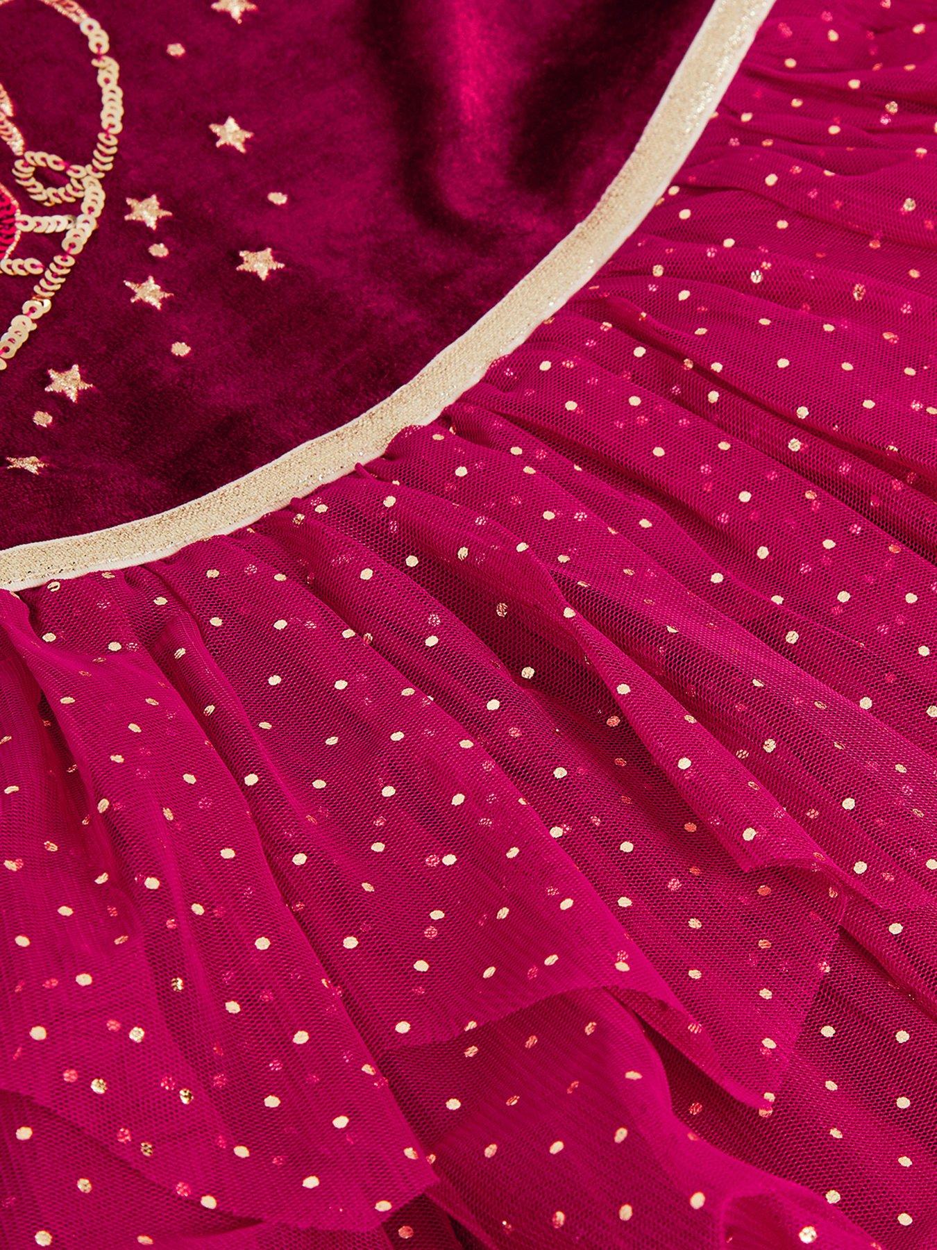 Image 3 of 3 of Monsoon Girls Reindeer Embellished Tulle Skirt Disco Dress - Dark Red