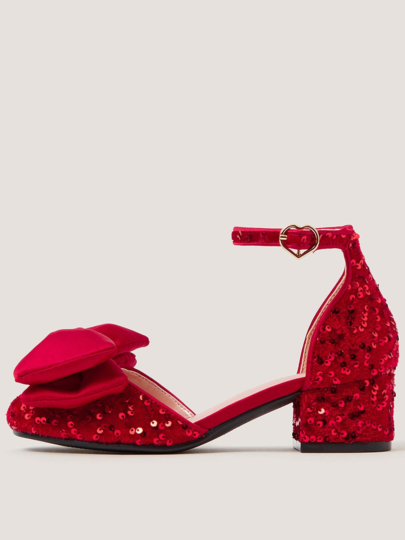 Image 1 of 3 of Monsoon Girls Sequin Bow Ankle Strap Heeled Shoes - Red