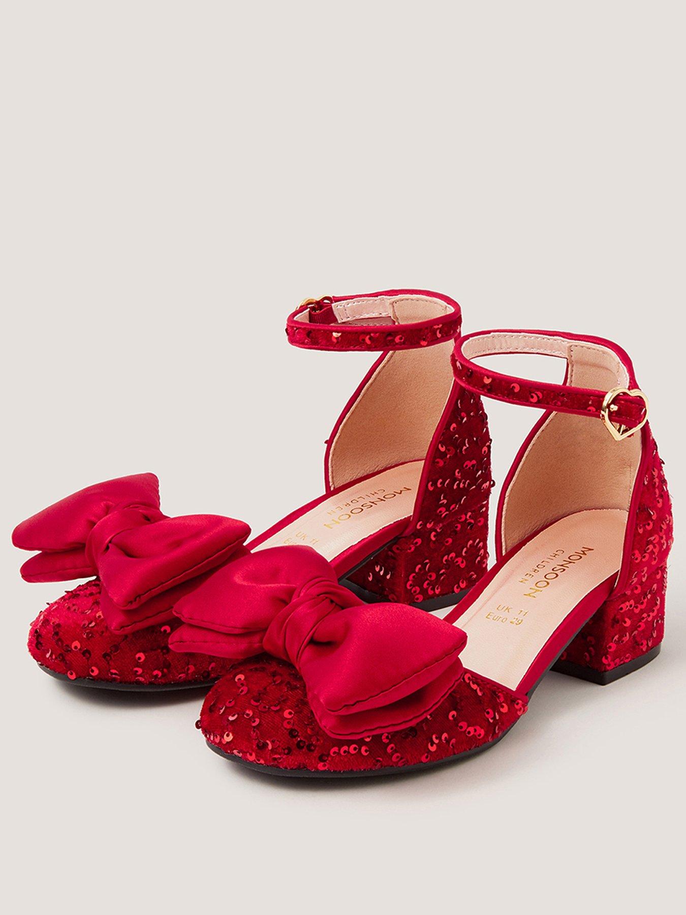 Image 2 of 3 of Monsoon Girls Sequin Bow Ankle Strap Heeled Shoes - Red