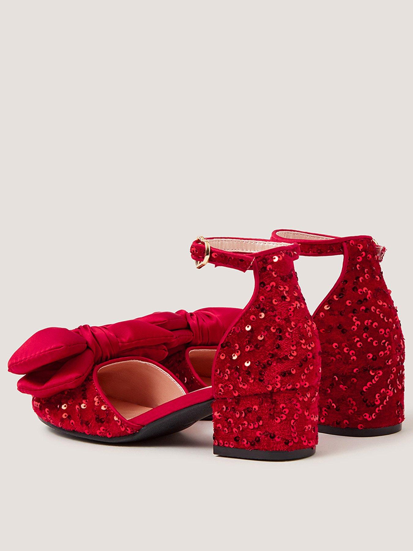 Image 3 of 3 of Monsoon Girls Sequin Bow Ankle Strap Heeled Shoes - Red