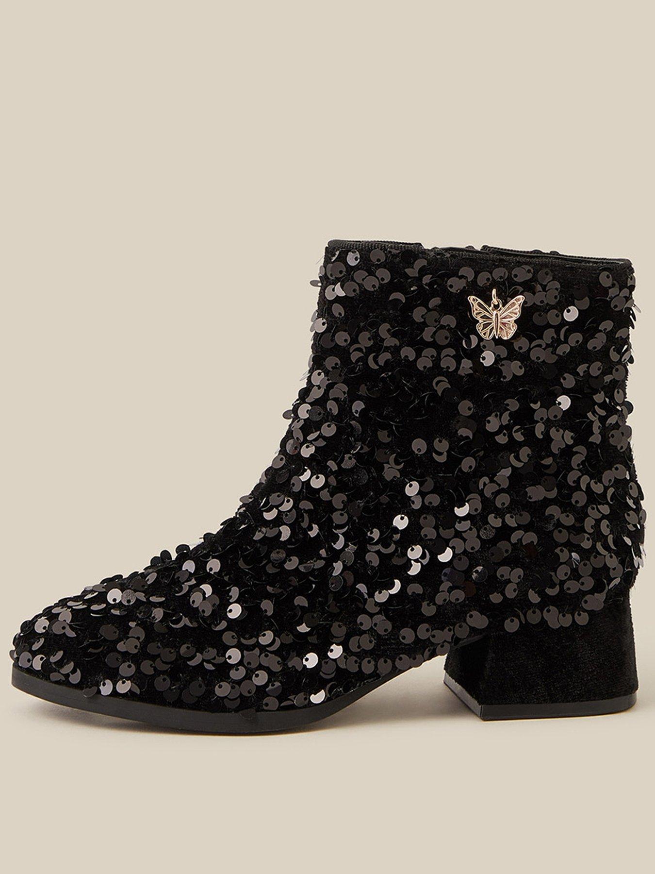 Image 1 of 3 of Monsoon Girls Sequin Side Zip Party Boots - Black