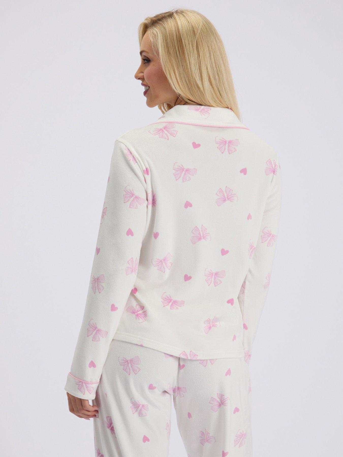 Image 2 of 5 of Boux Avenue Pretty Bow Velour Pyjama Set - Ivory Mix
