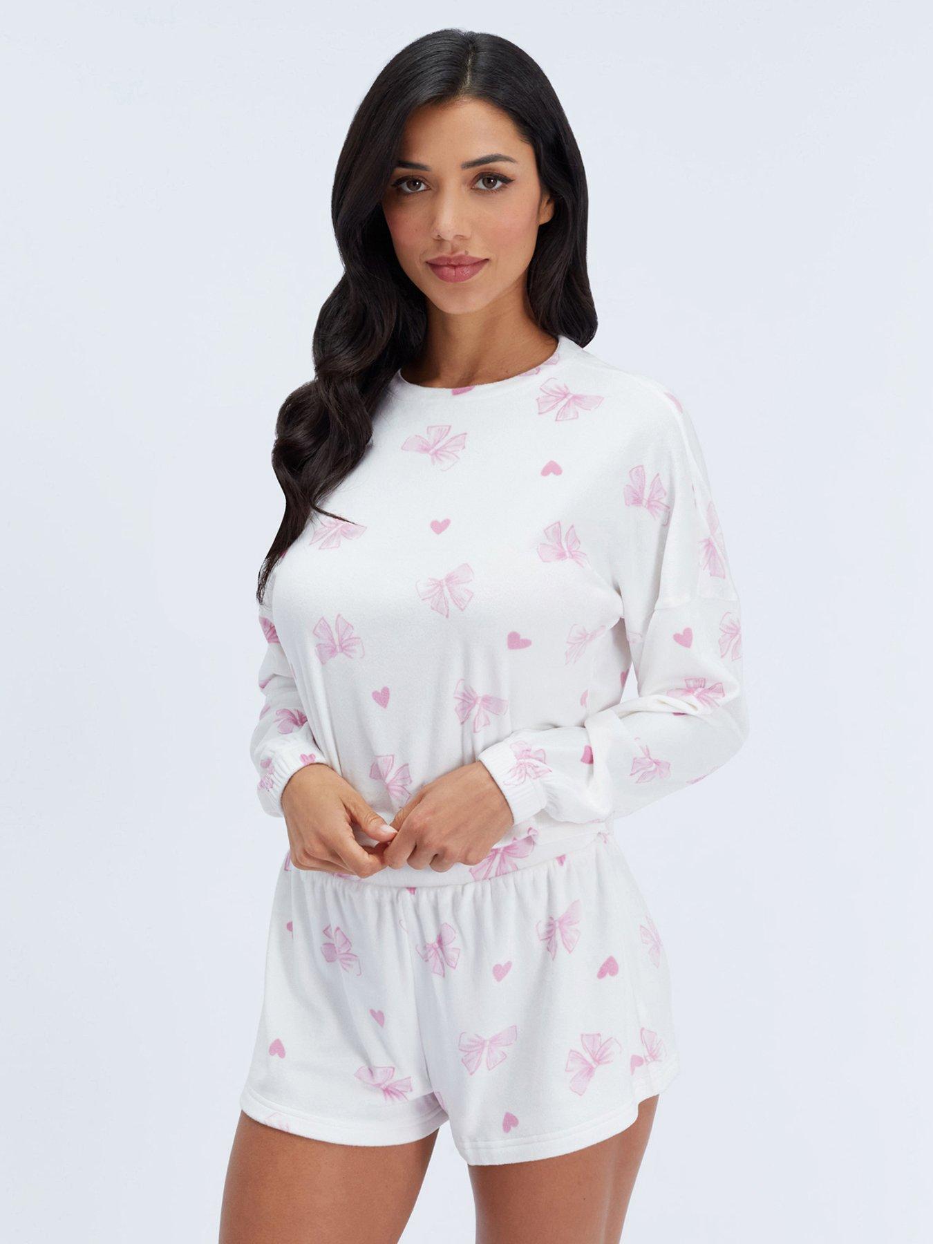 Image 1 of 6 of Boux Avenue Pretty Bow Velour Short Pj Set - Ivory Mix