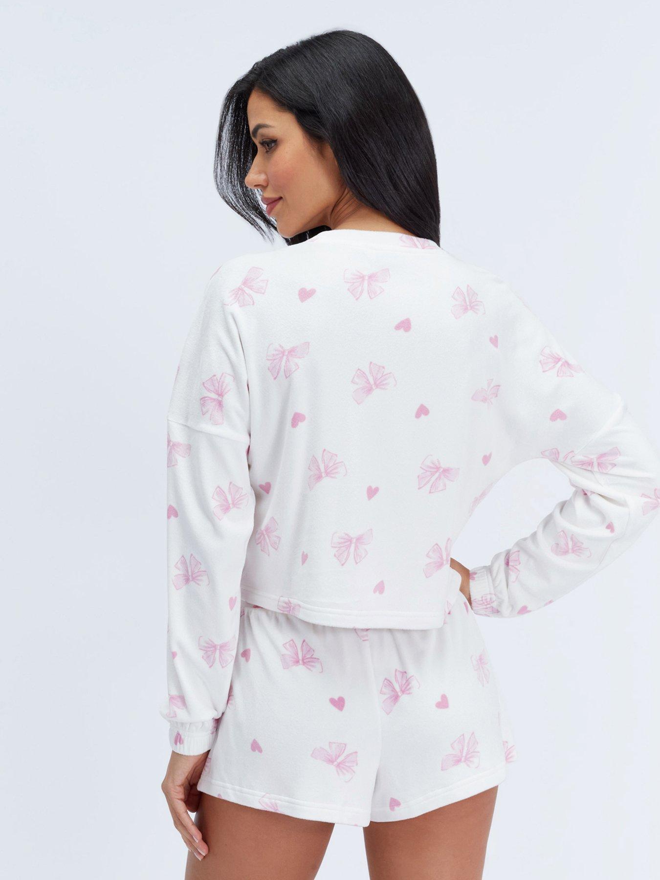 Image 2 of 6 of Boux Avenue Pretty Bow Velour Short Pj Set - Ivory Mix