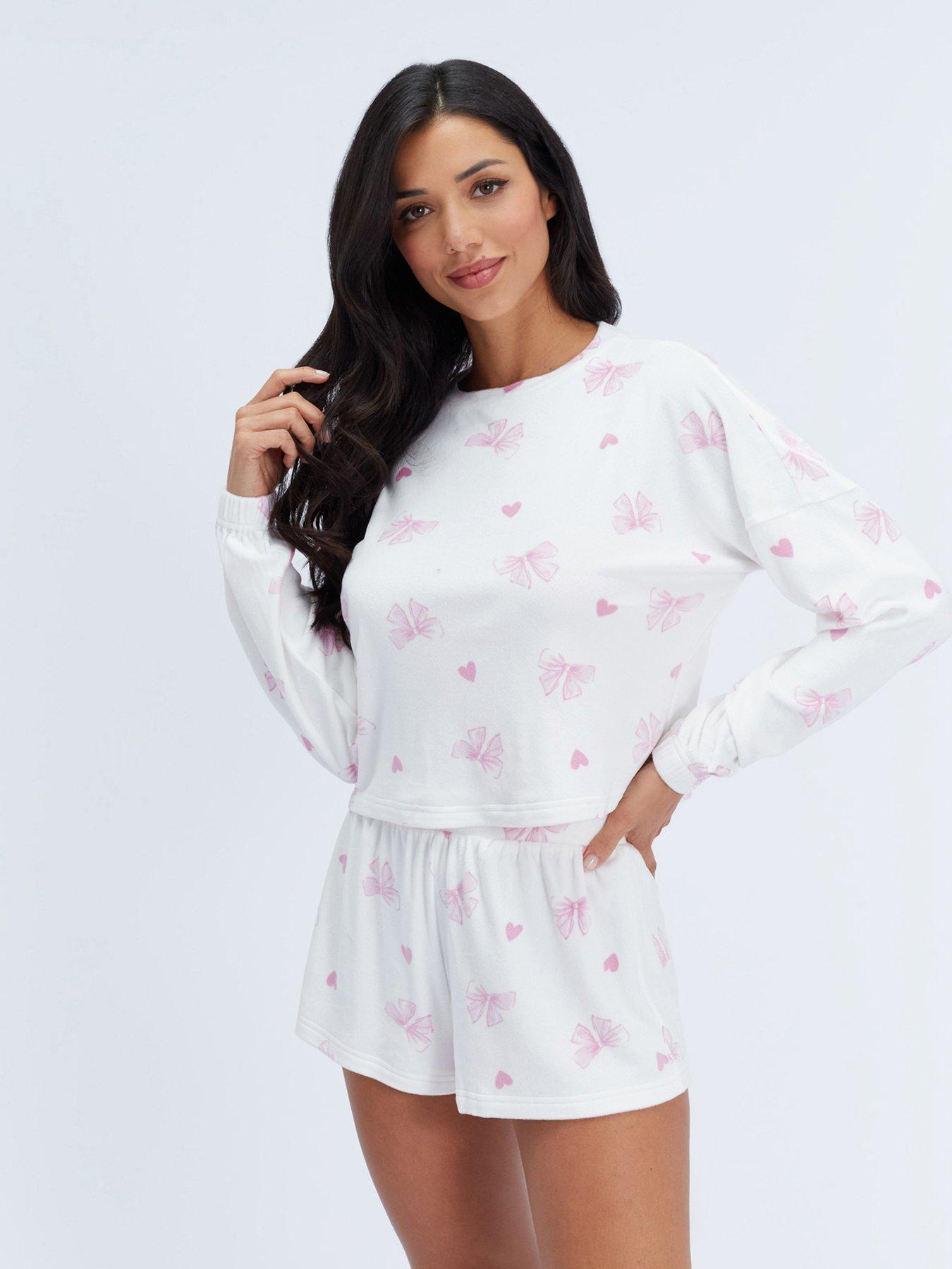 Image 4 of 6 of Boux Avenue Pretty Bow Velour Short Pj Set - Ivory Mix