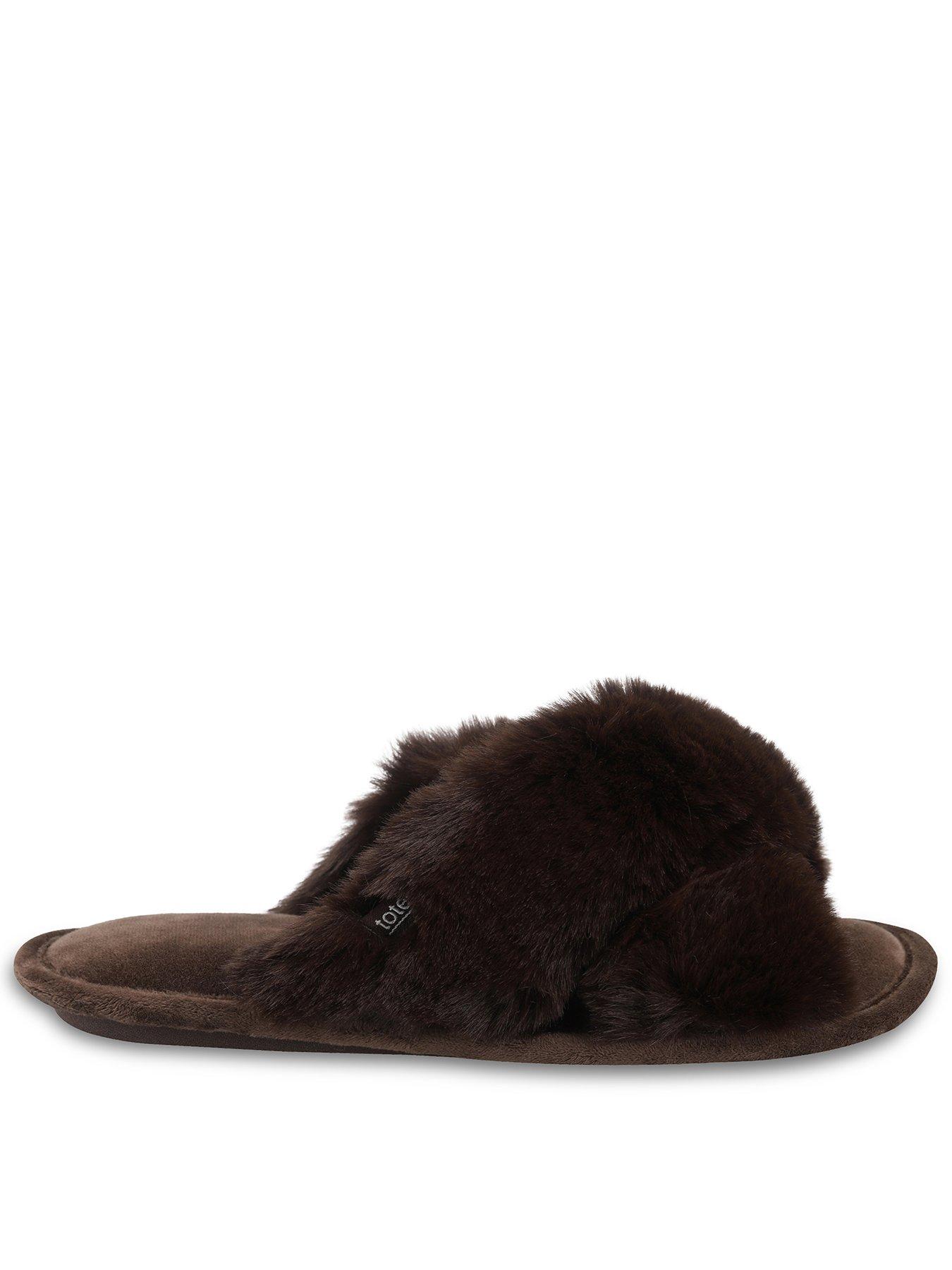 Image 1 of 5 of TOTES Crossover Faux Fur Slider Slippers - Chocolate