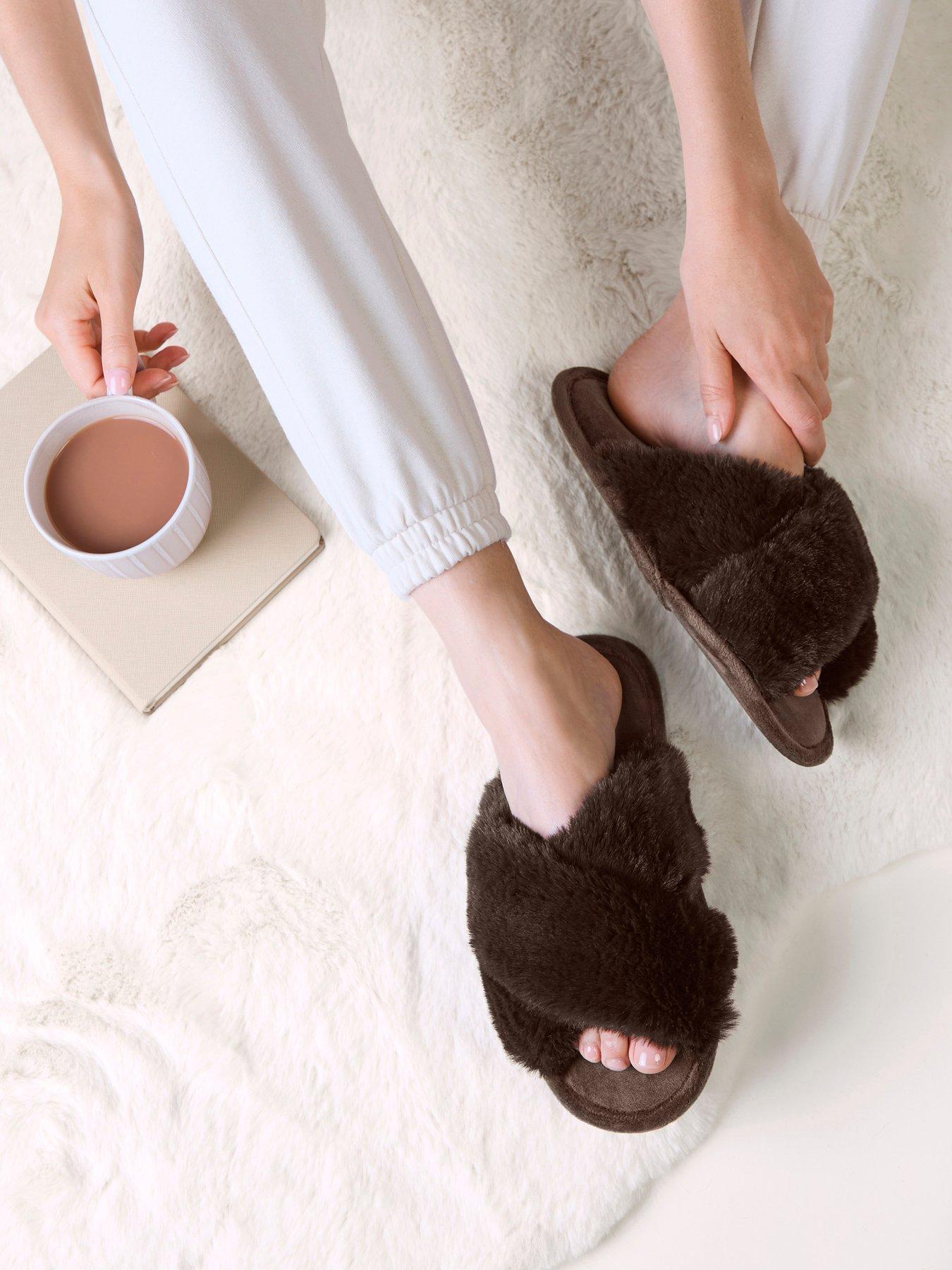 Image 4 of 5 of TOTES Crossover Faux Fur Slider Slippers - Chocolate