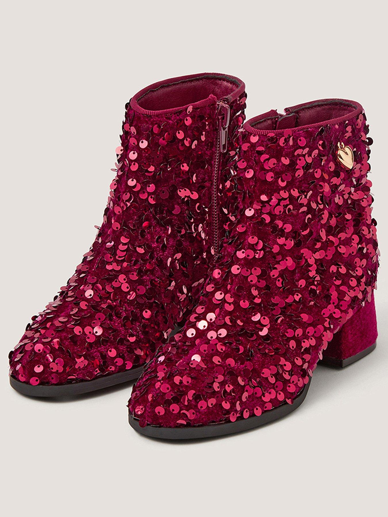 Image 2 of 3 of Monsoon Girls Sequin Side Zip Party Boots - Dark Red