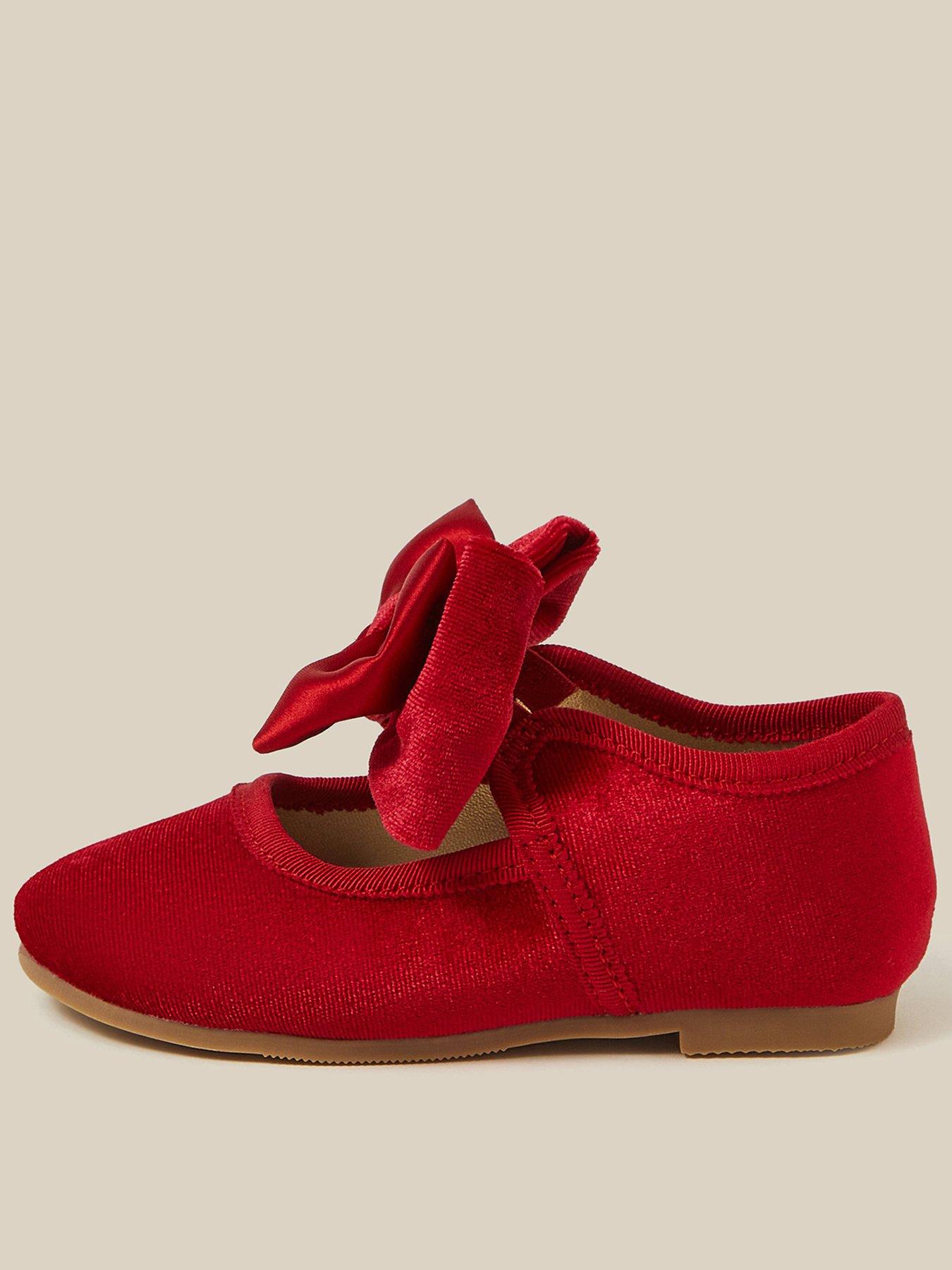 Image 1 of 3 of Monsoon Girls Velvet Bow Walker Shoes - Red