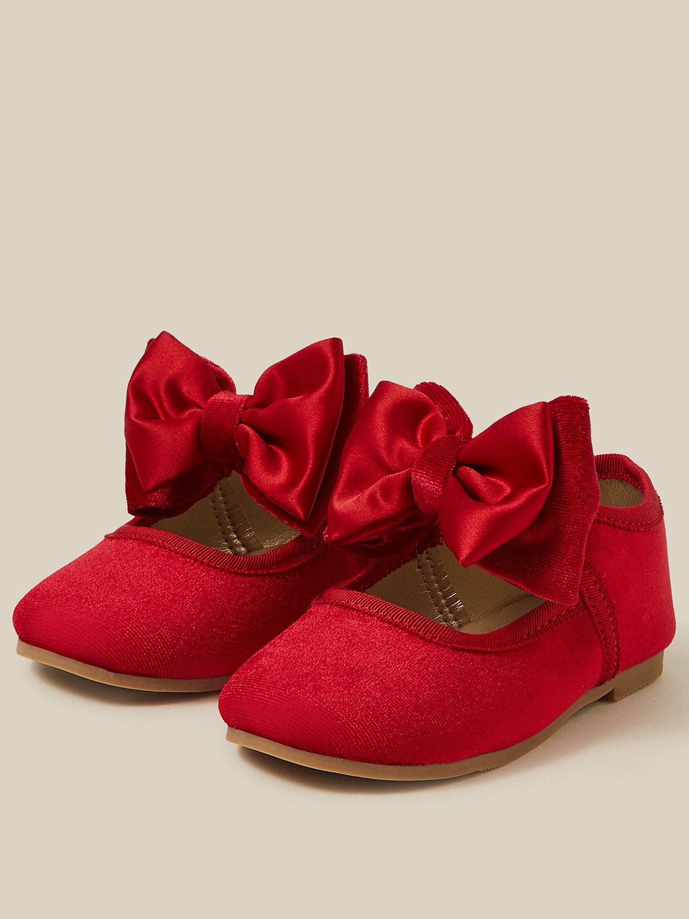 Image 2 of 3 of Monsoon Girls Velvet Bow Walker Shoes - Red