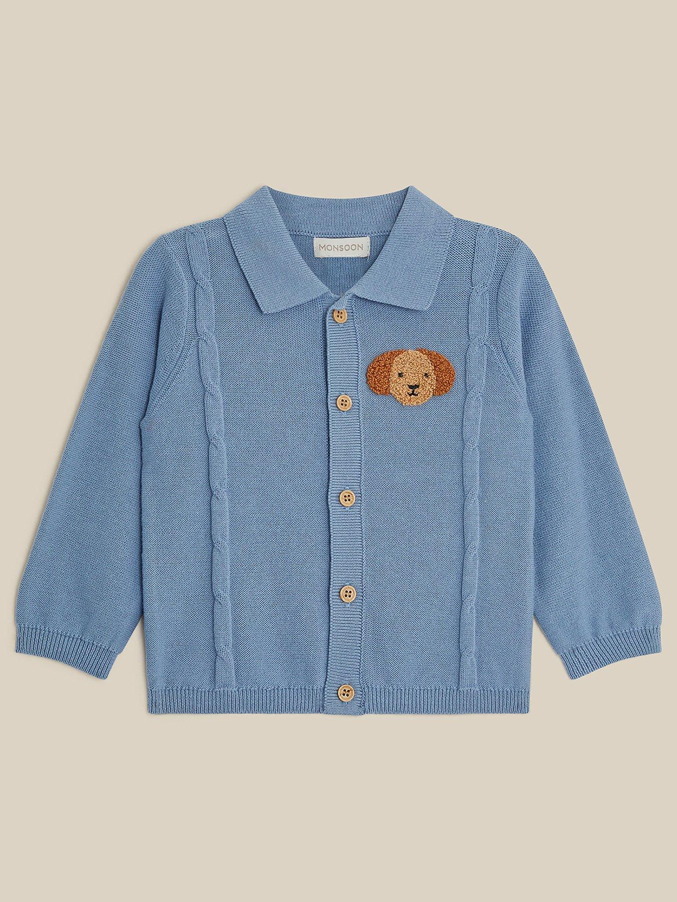 Image 1 of 3 of Monsoon Baby Boys Dog Cable Knit Button Front Cardigan - Blue