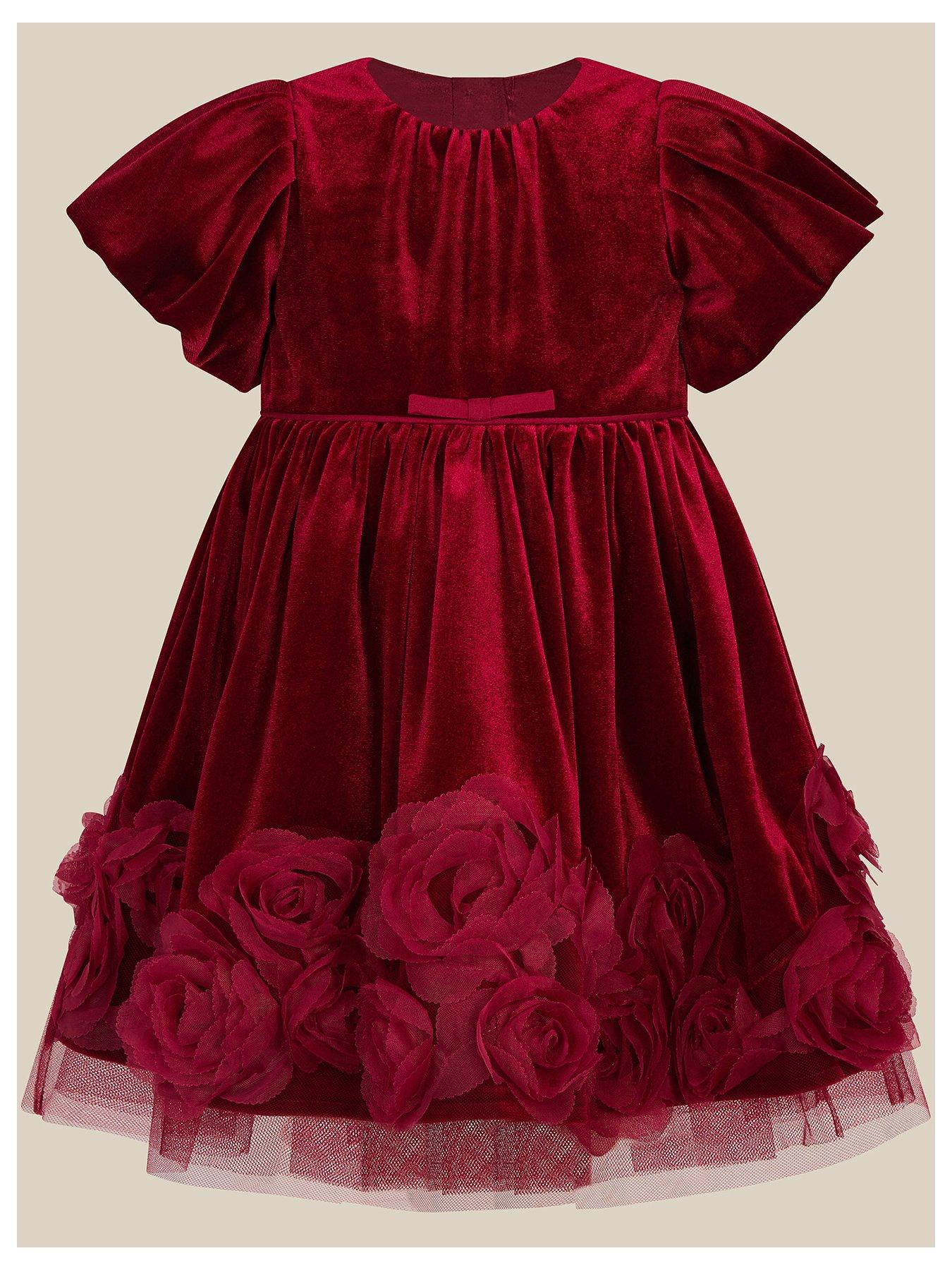 Image 1 of 3 of Monsoon Baby&nbsp;Girls Adelyn Rose Velvet Puff Sleeve Dress - Red
