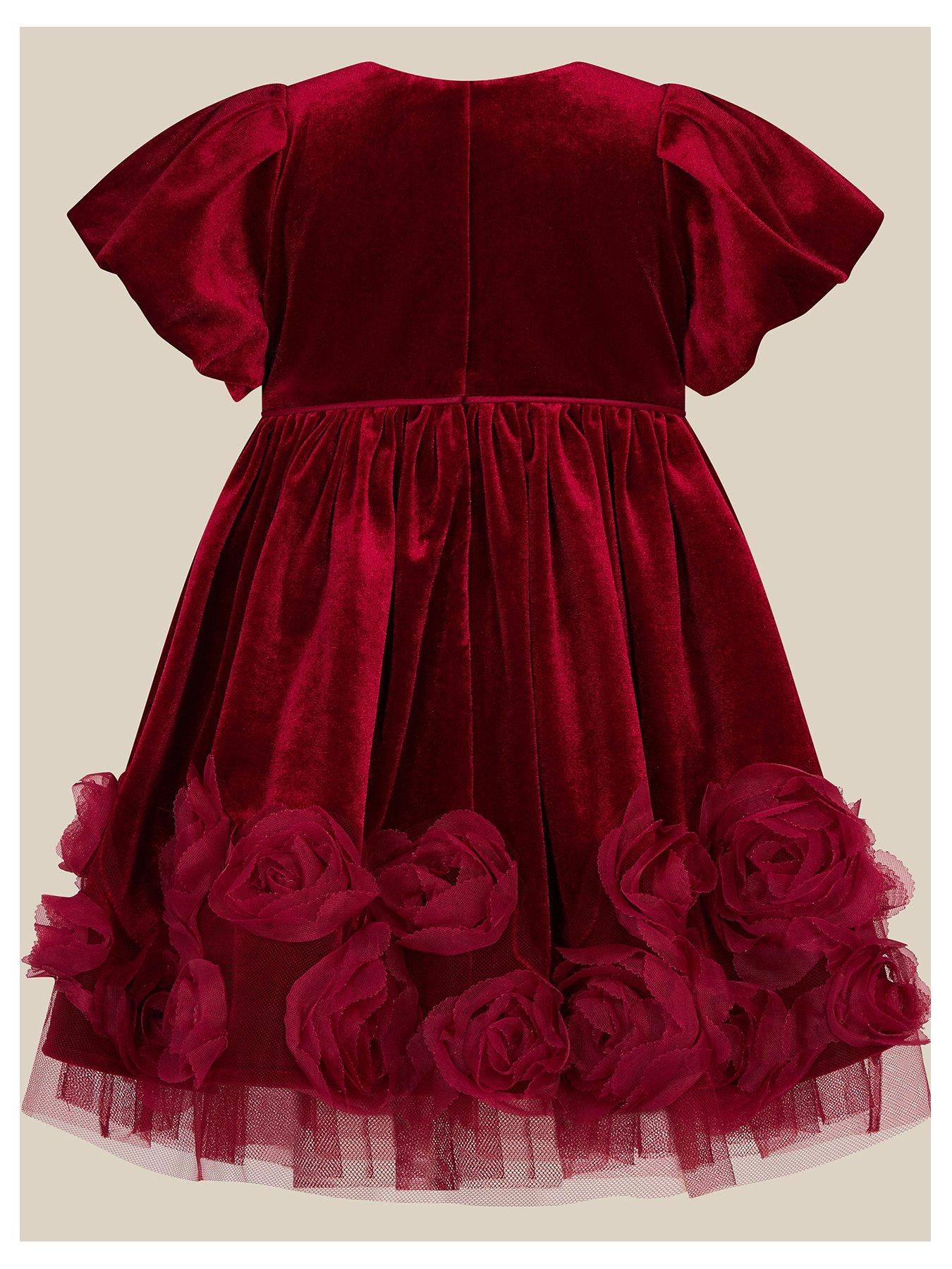 Image 2 of 3 of Monsoon Baby&nbsp;Girls Adelyn Rose Velvet Puff Sleeve Dress - Red
