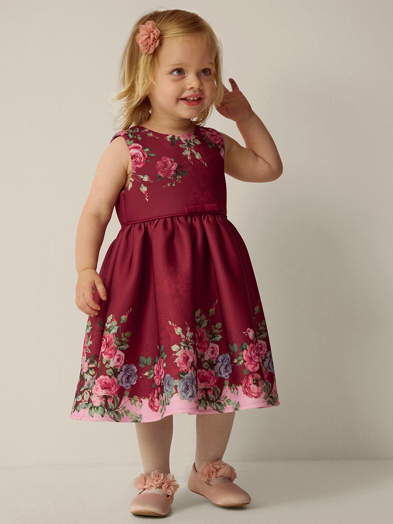 Image 1 of 4 of Monsoon Baby Girls Vintage Border Floral Scuba Dress - Red