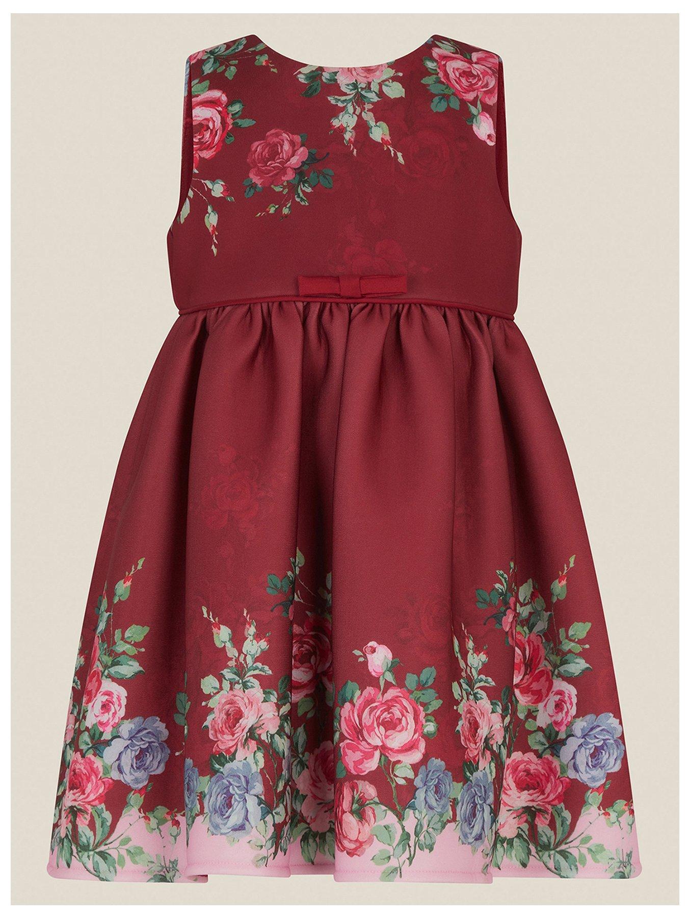 Image 2 of 4 of Monsoon Baby Girls Vintage Border Floral Scuba Dress - Red