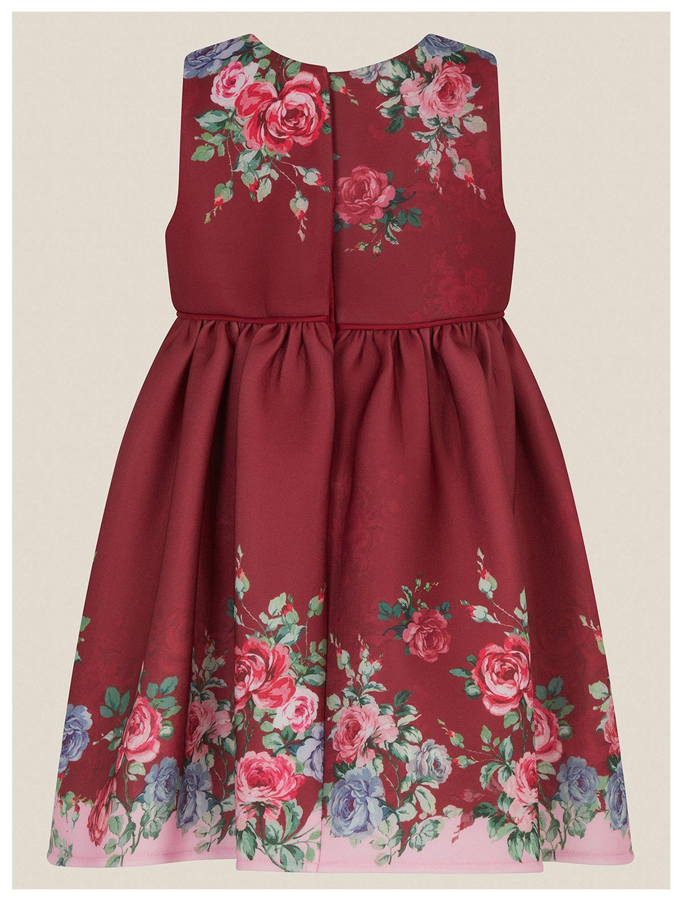 Image 3 of 4 of Monsoon Baby Girls Vintage Border Floral Scuba Dress - Red