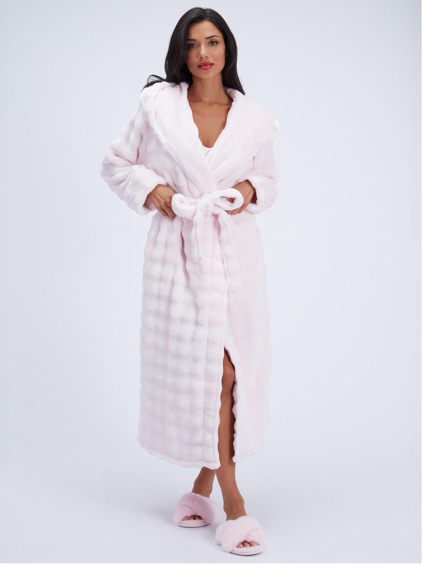 Image 1 of 6 of Boux Avenue Womens Bubble Fleece Hooded Maxi Dressing Gown - Powder Pink