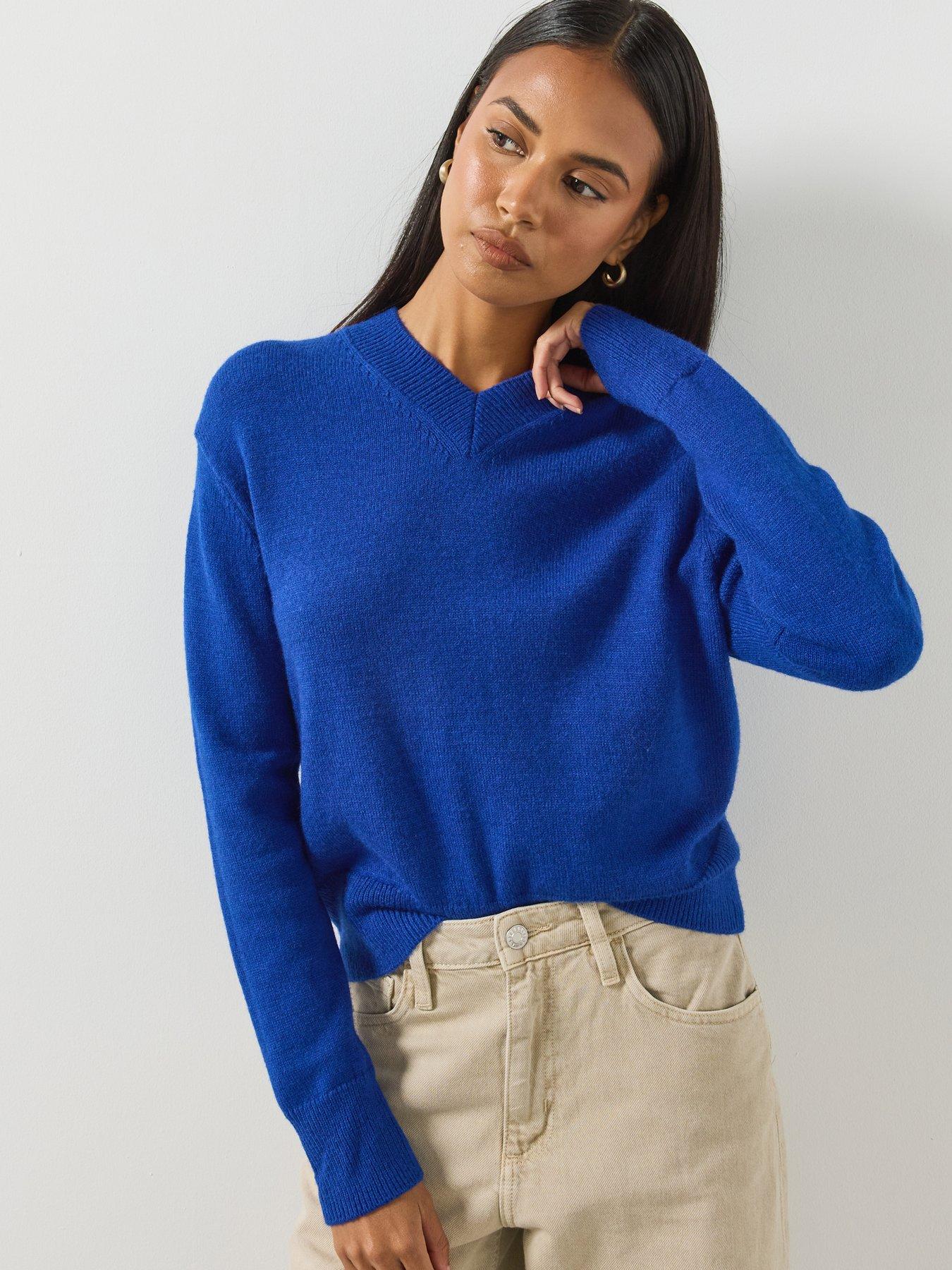 Image 1 of 6 of Mango V-Neck Knit Sweater - Blue
