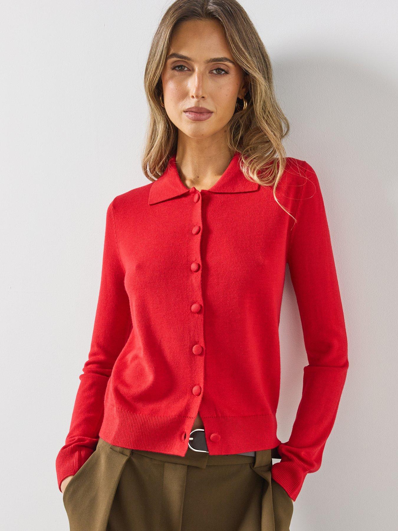 Image 1 of 5 of Mango Womens Collared Covered Button Fine Knit Cardigan - Red