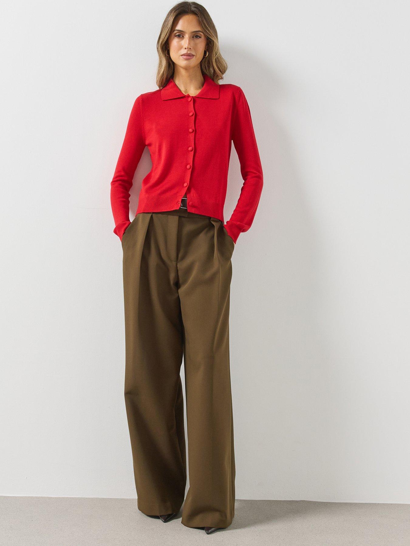 Image 3 of 5 of Mango Womens Collared Covered Button Fine Knit Cardigan - Red