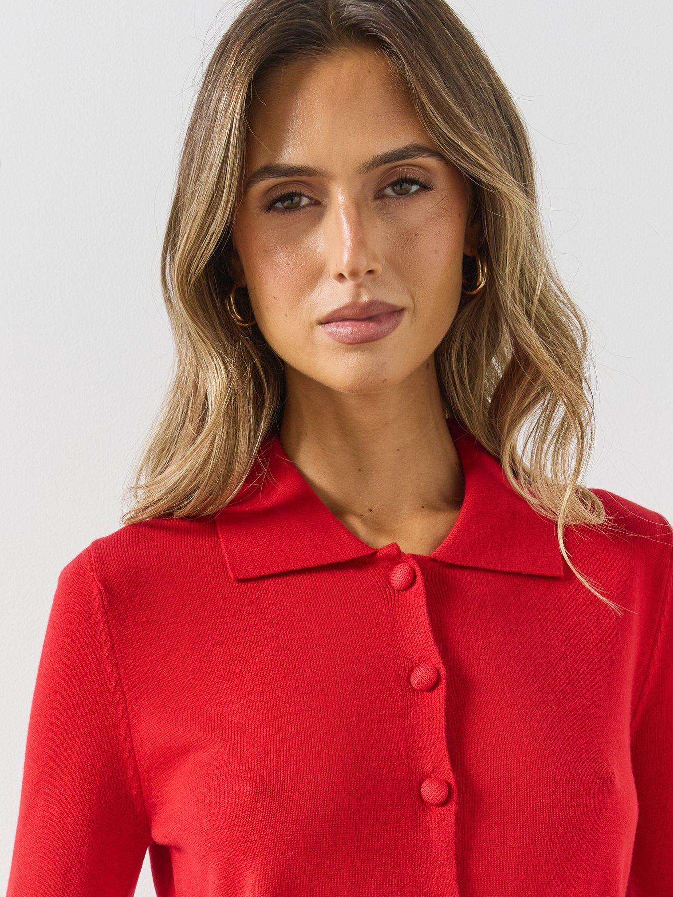 Image 4 of 5 of Mango Womens Collared Covered Button Fine Knit Cardigan - Red