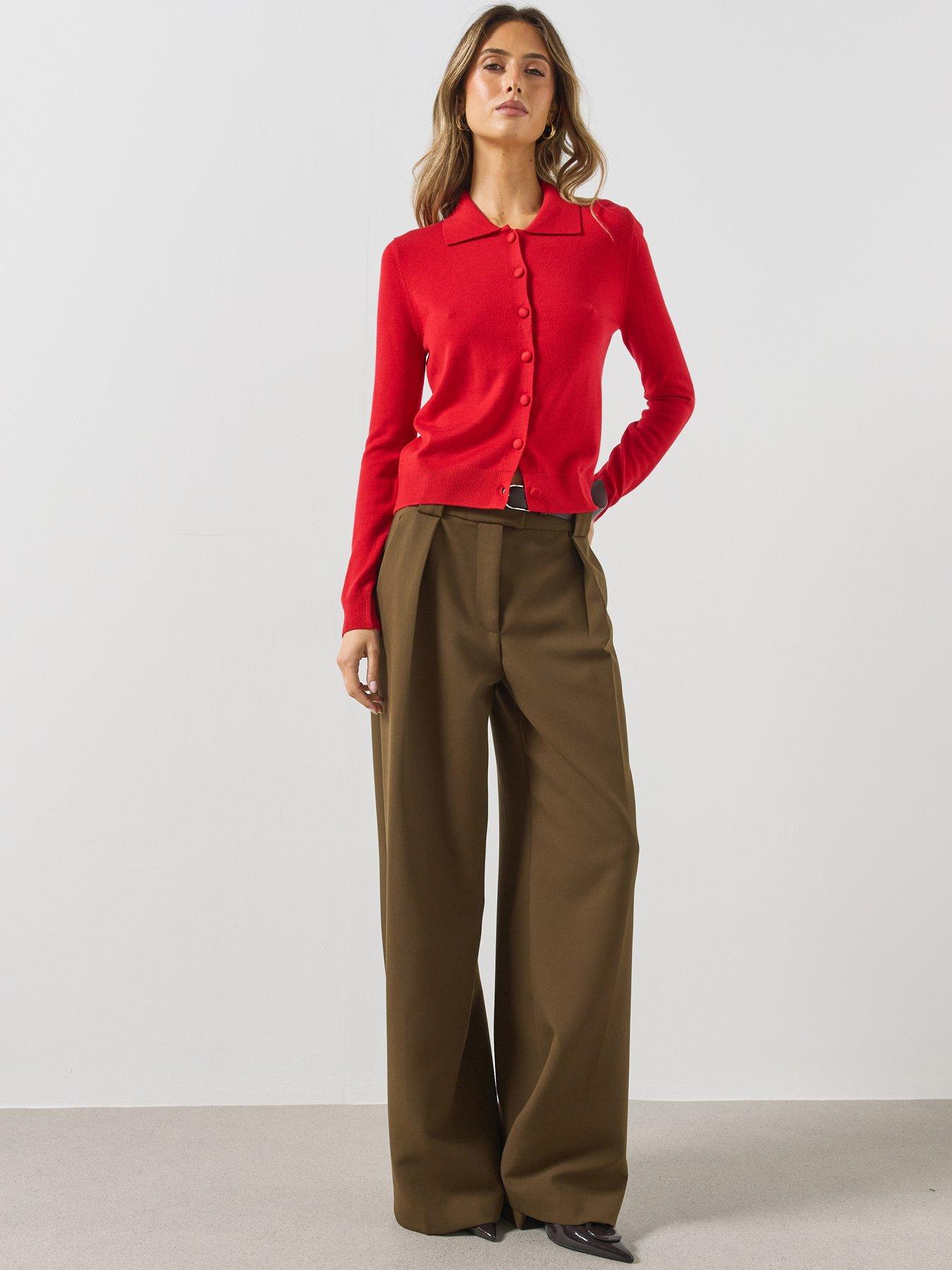 Image 5 of 5 of Mango Womens Collared Covered Button Fine Knit Cardigan - Red