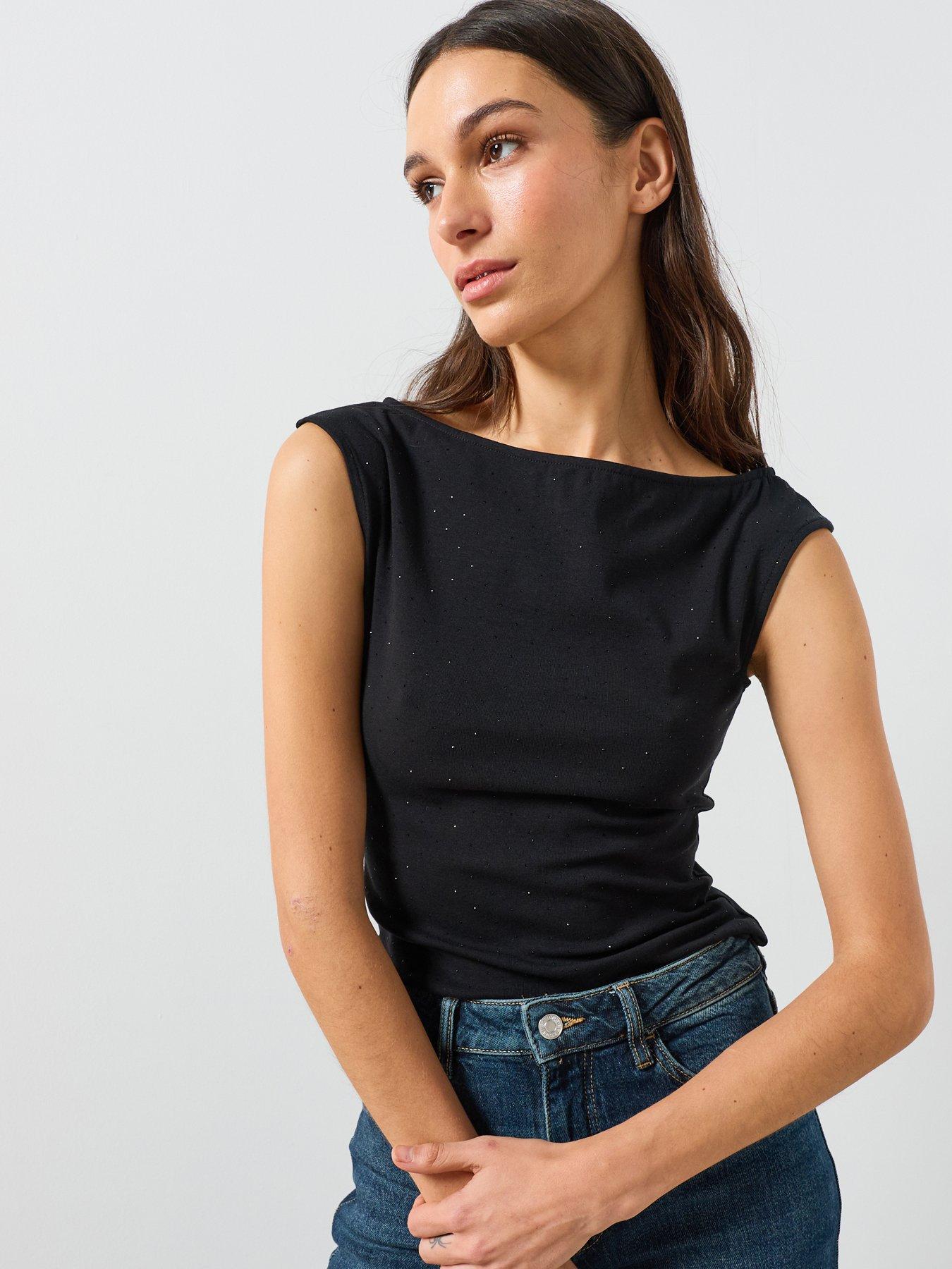 Image 1 of 5 of Mango Womens Xstone Sparkle Slash Neck Sleeveless Top - Black