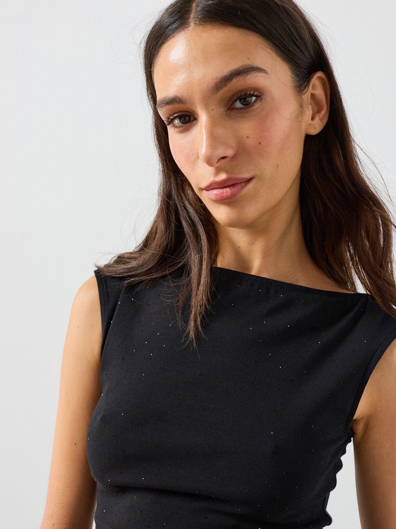 Image 4 of 5 of Mango Womens Xstone Sparkle Slash Neck Sleeveless Top - Black