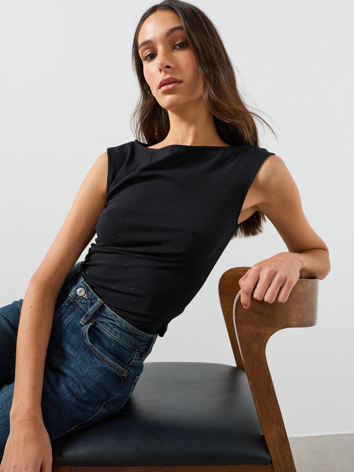 Image 5 of 5 of Mango Womens Xstone Sparkle Slash Neck Sleeveless Top - Black