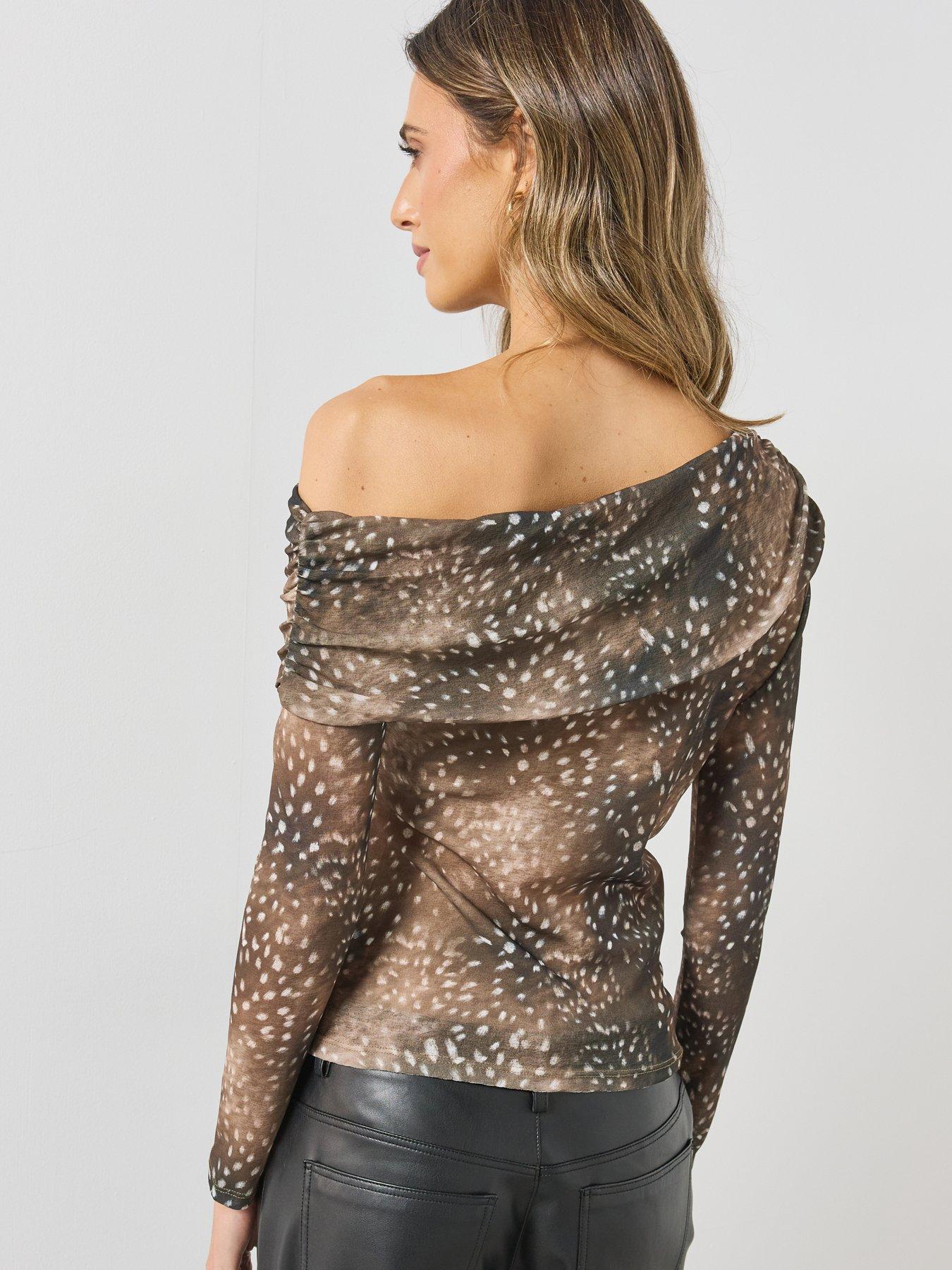 Image 2 of 4 of Mango Womens Asymmetric Bambi Print Fitted Top - Brown