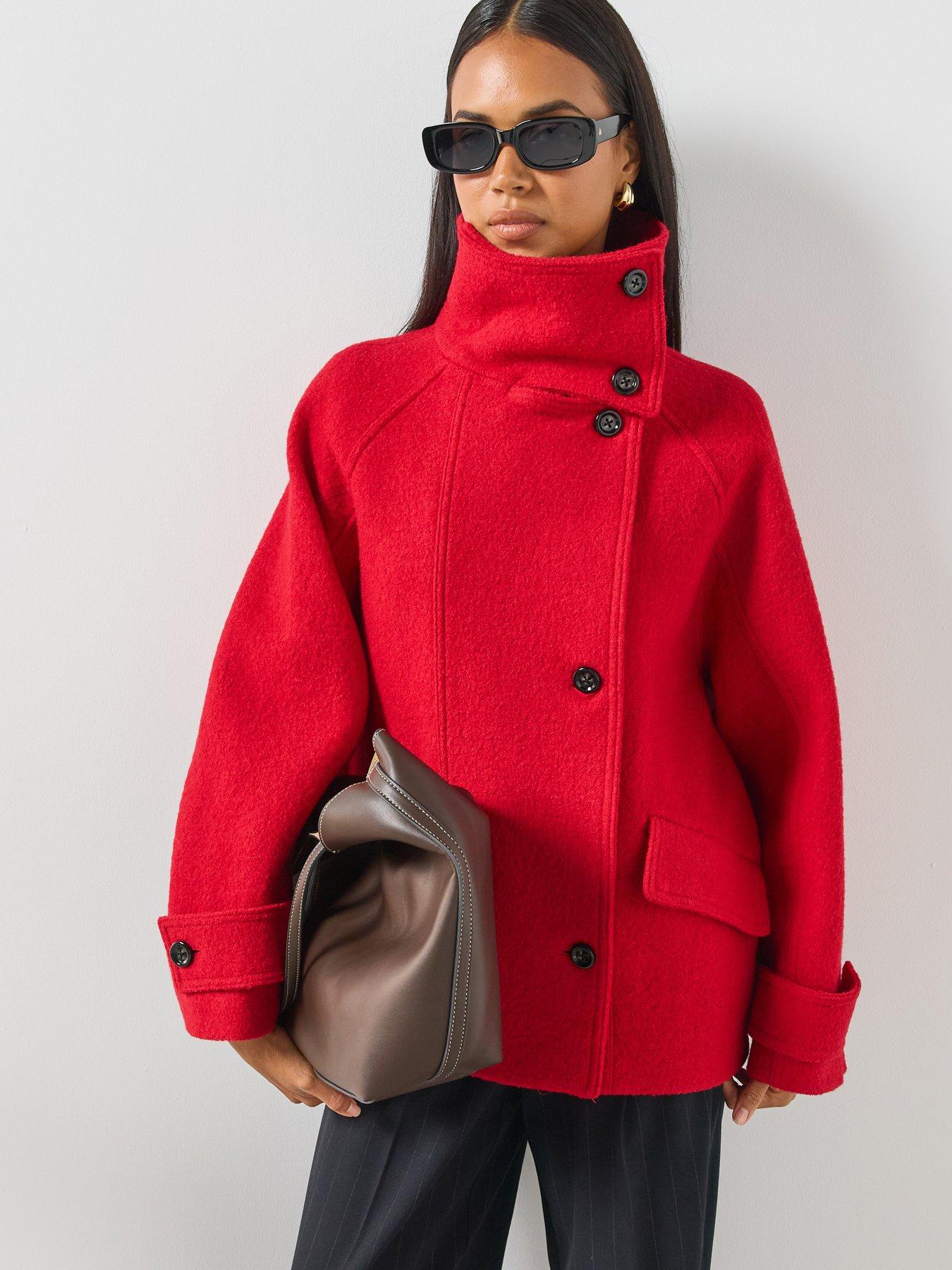 Image 1 of 6 of Mango High Neck Coat - Red